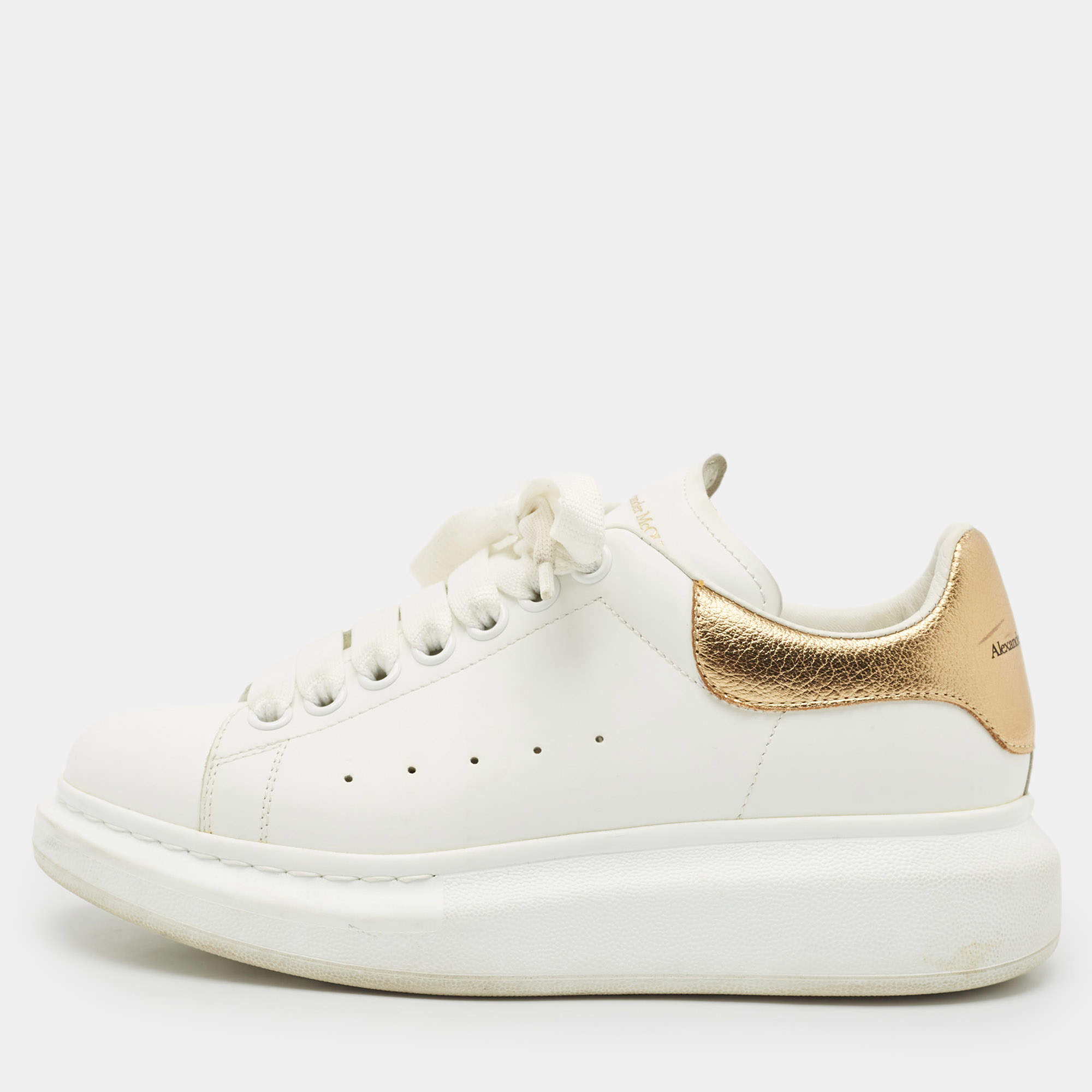 Pre Owned Alexander McQueen White/Gold Leather Oversized Sneakers Size 37.5