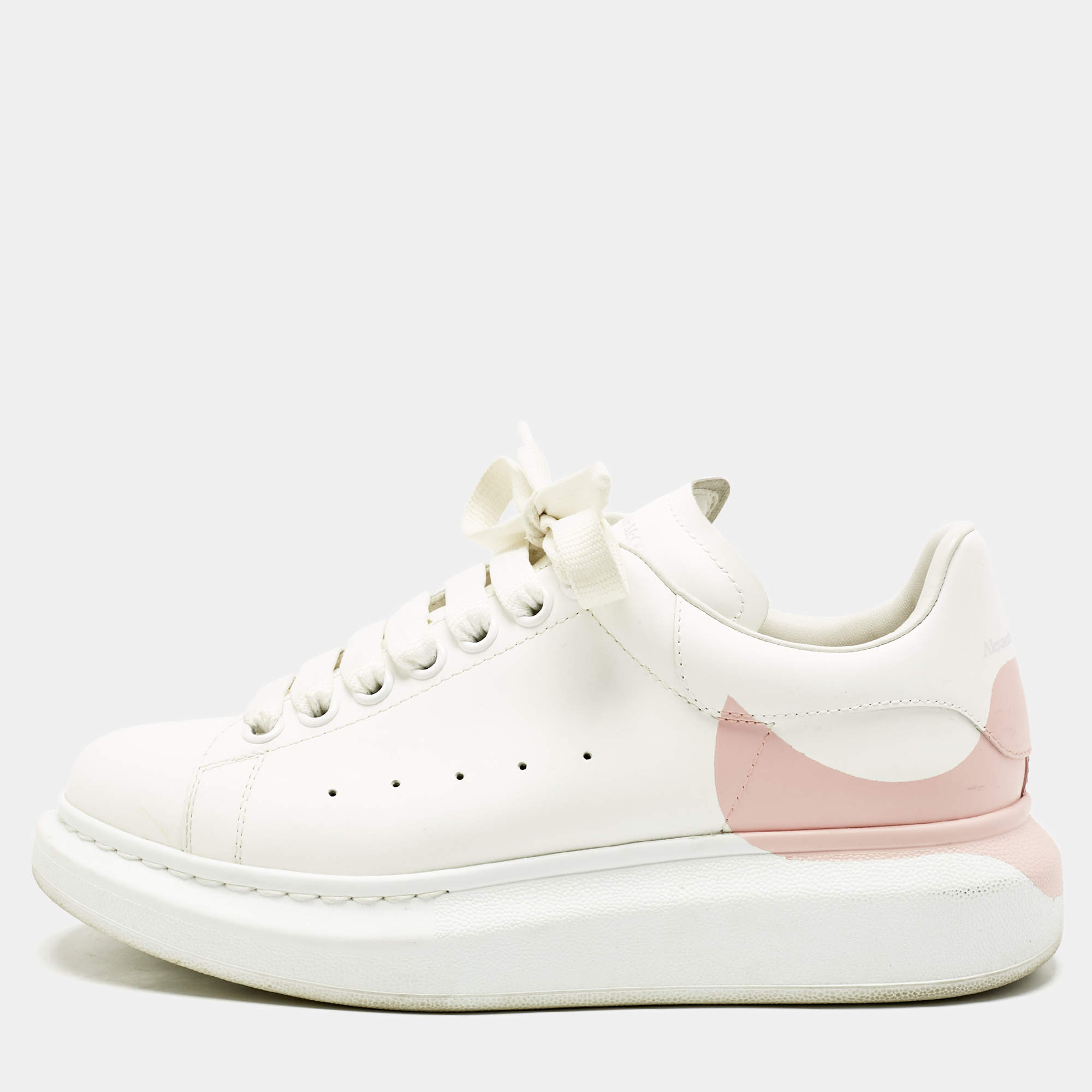 Pre Owned Alexander McQueen White/Pink Leather Oversized Sneakers Size 38.5
