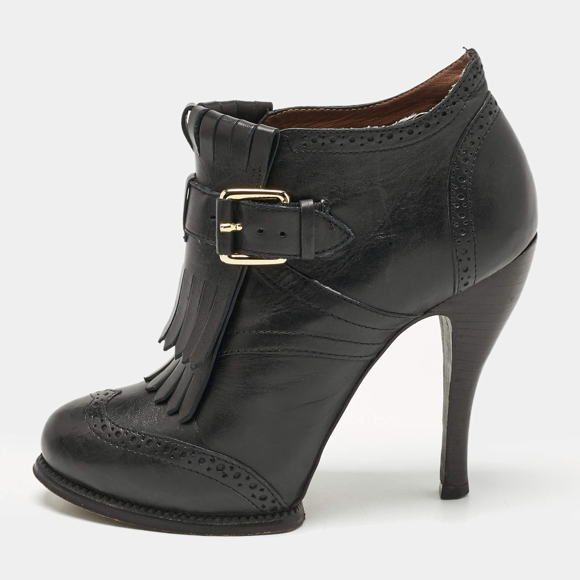 Pre Owned Alexander McQueen Black Leather Fringe Ankle Length Boots Size 36