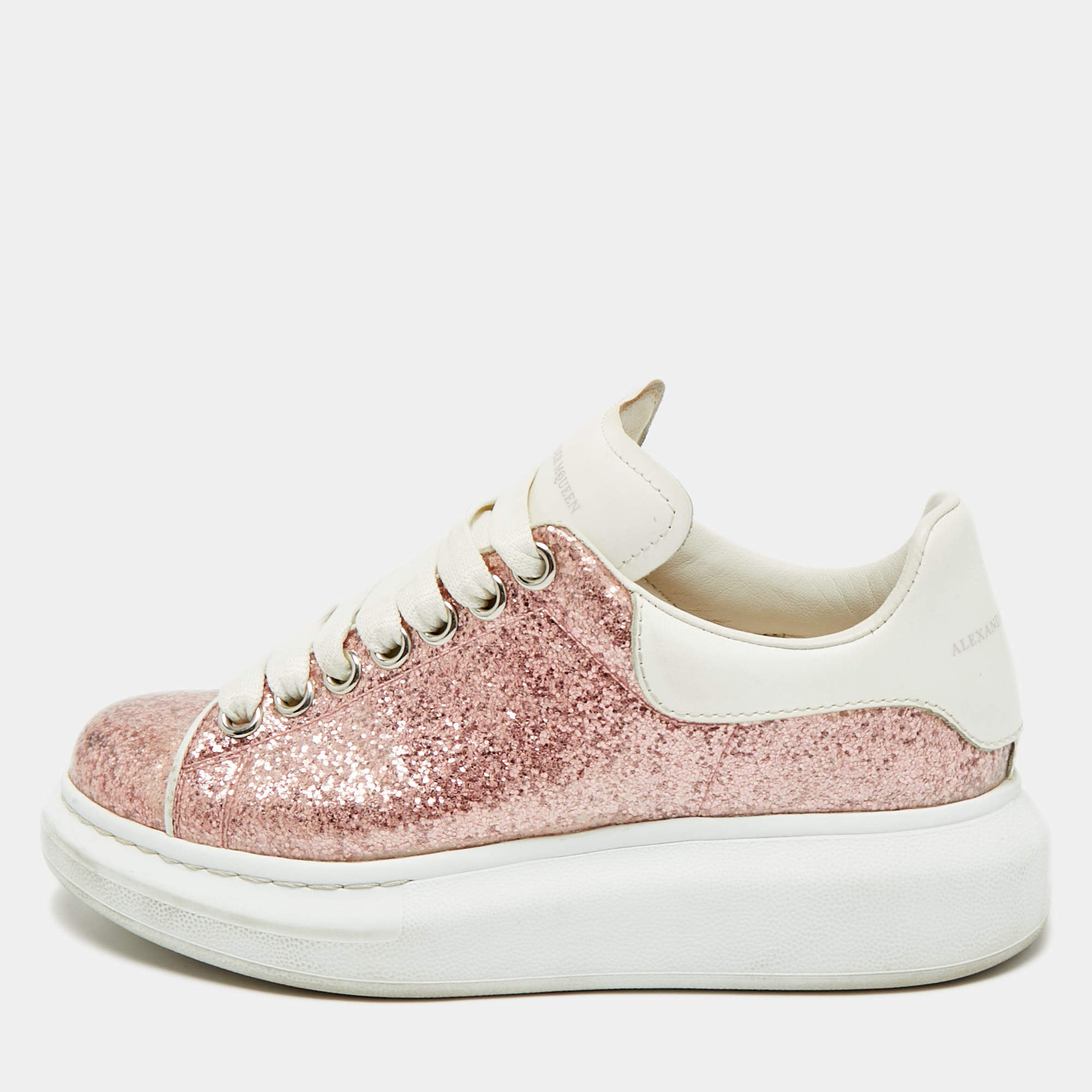 Pre Owned Alexander McQueen Pink/White PVC And Glitter Oversized Lace Up Sneakers Size 36.5