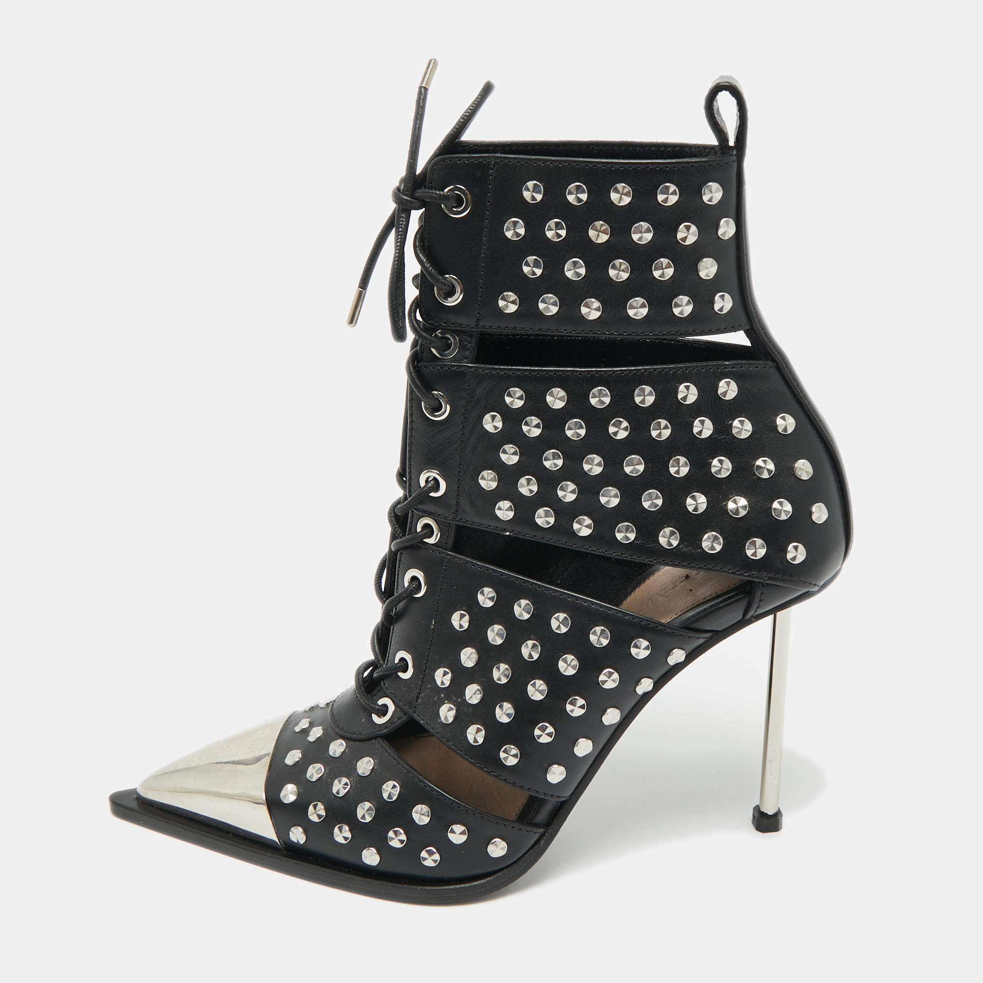 Pre Owned Alexander McQueen Black Cutout Leather Ankle Length Boots Size 39