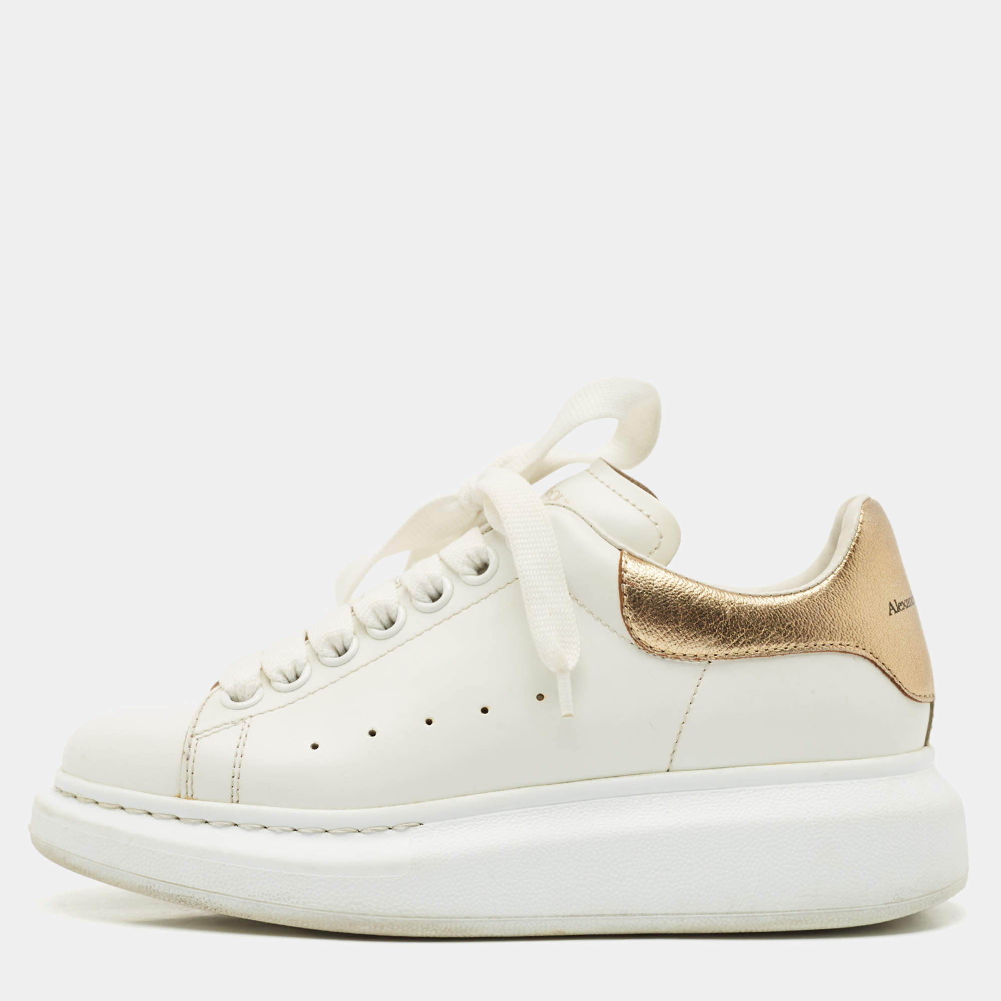 Pre Owned Alexander McQueen White/Gold Leather Oversized Sneakers Size 35.5