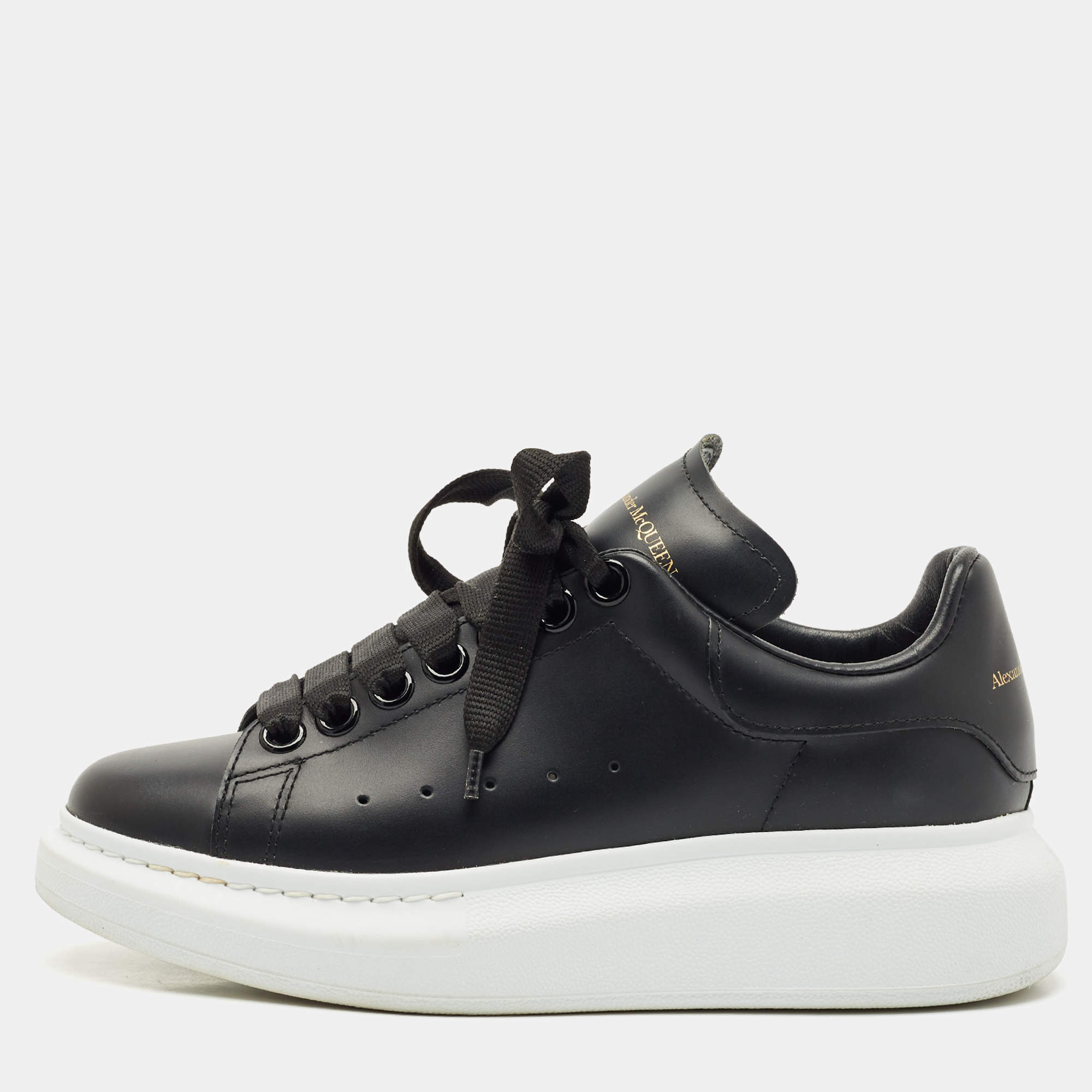 Pre Owned Alexander McQueen Black Leather Oversized Low Top Sneakers Size 35.5