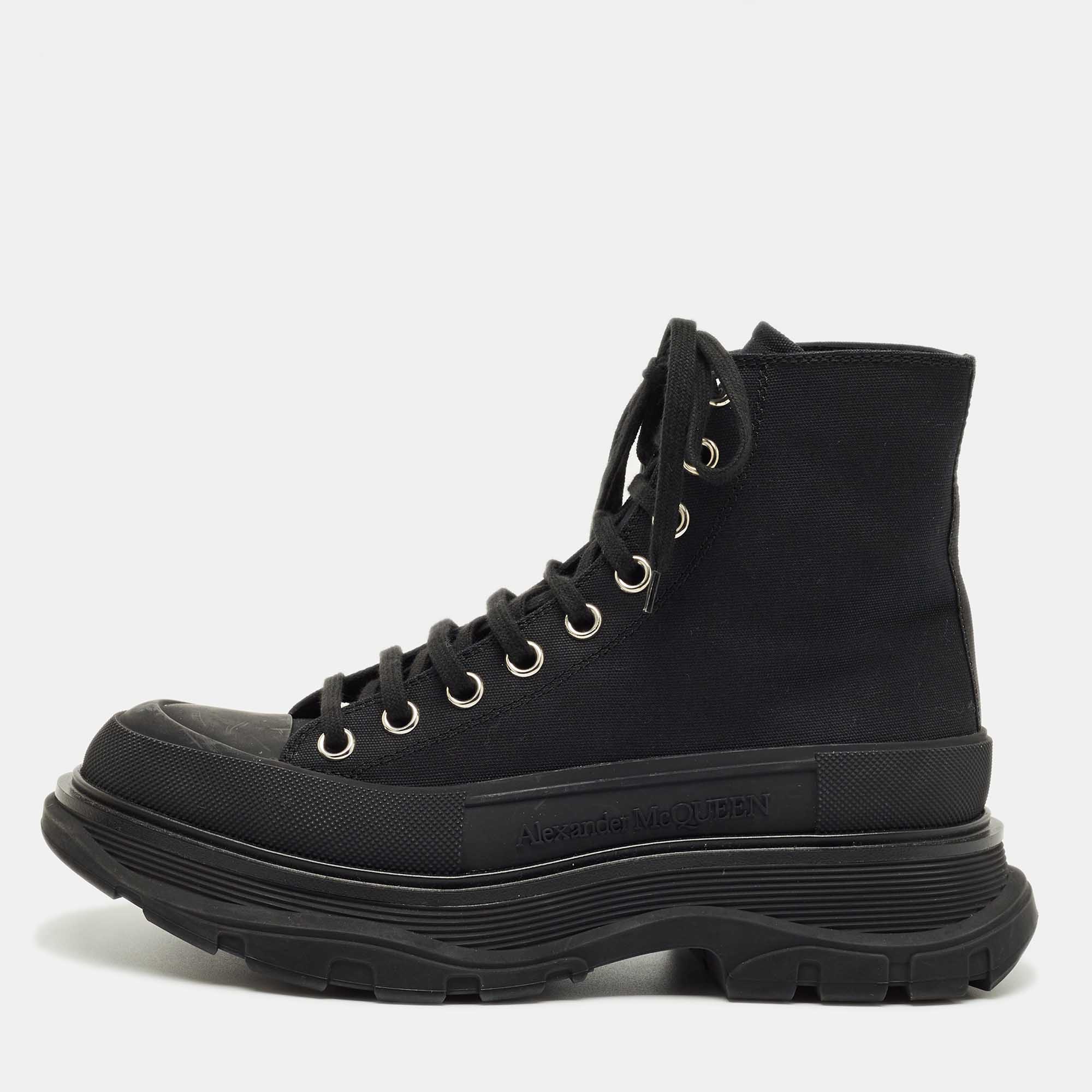 Pre Owned Alexander McQueen Black Fabric and Rubber Tread Slick High Top Sneakers Size 39