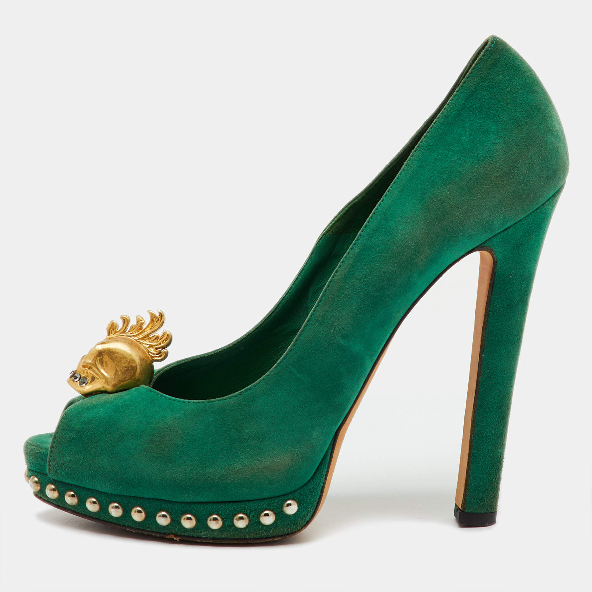 Pre Owned Alexander McQueen Green Suede Skull Platform Peep Toe Pumps Size 38.5