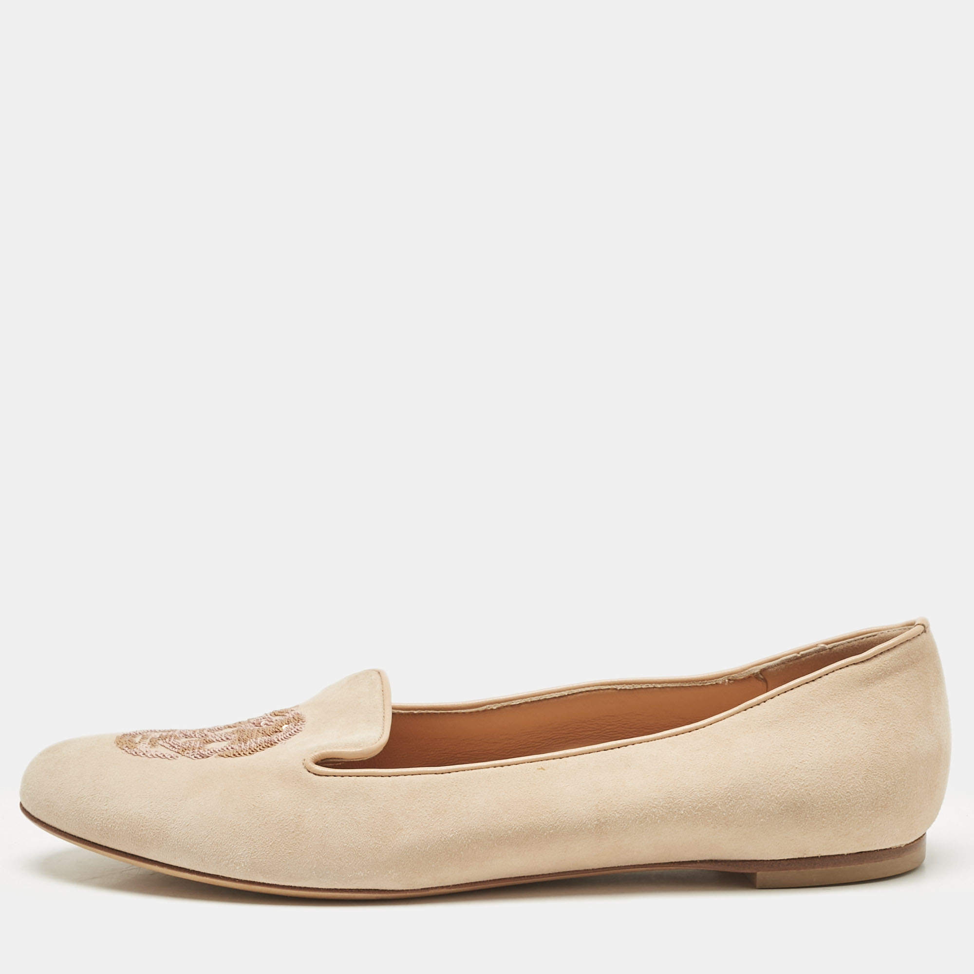 Pre Owned Alexander McQueen Peach Suede Skull Embroidered Smoking Slippers Size 39