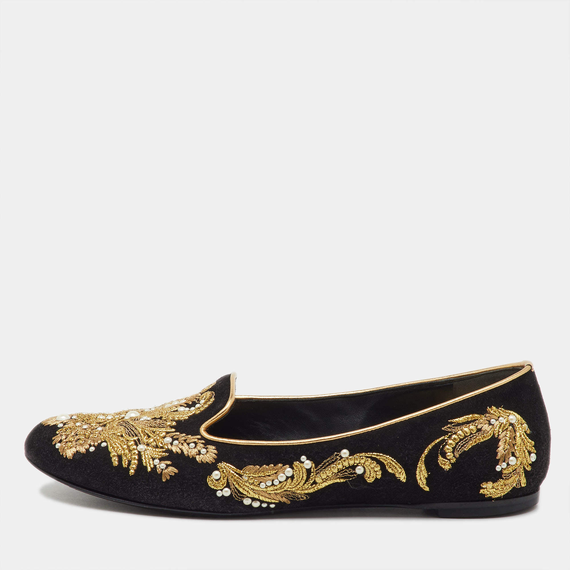 Pre Owned Alexander McQueen Black Suede Embroidered Smoking Slippers Size 38.5