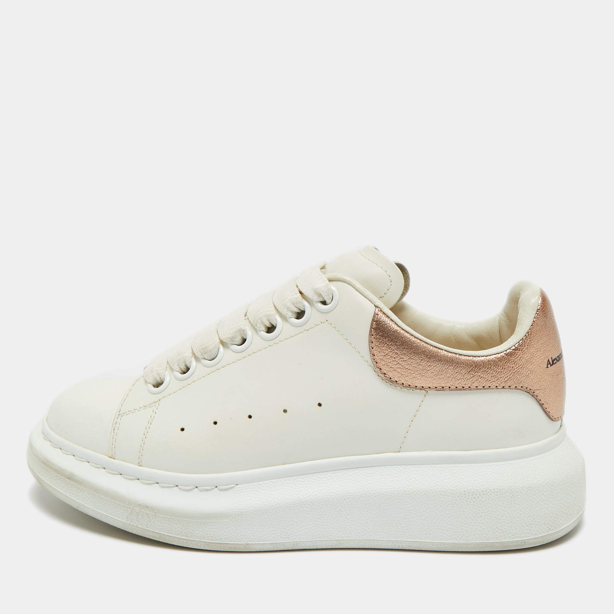 Pre Owned Alexander McQueen White/Gold Leather Oversized Sneakers Size 34.5