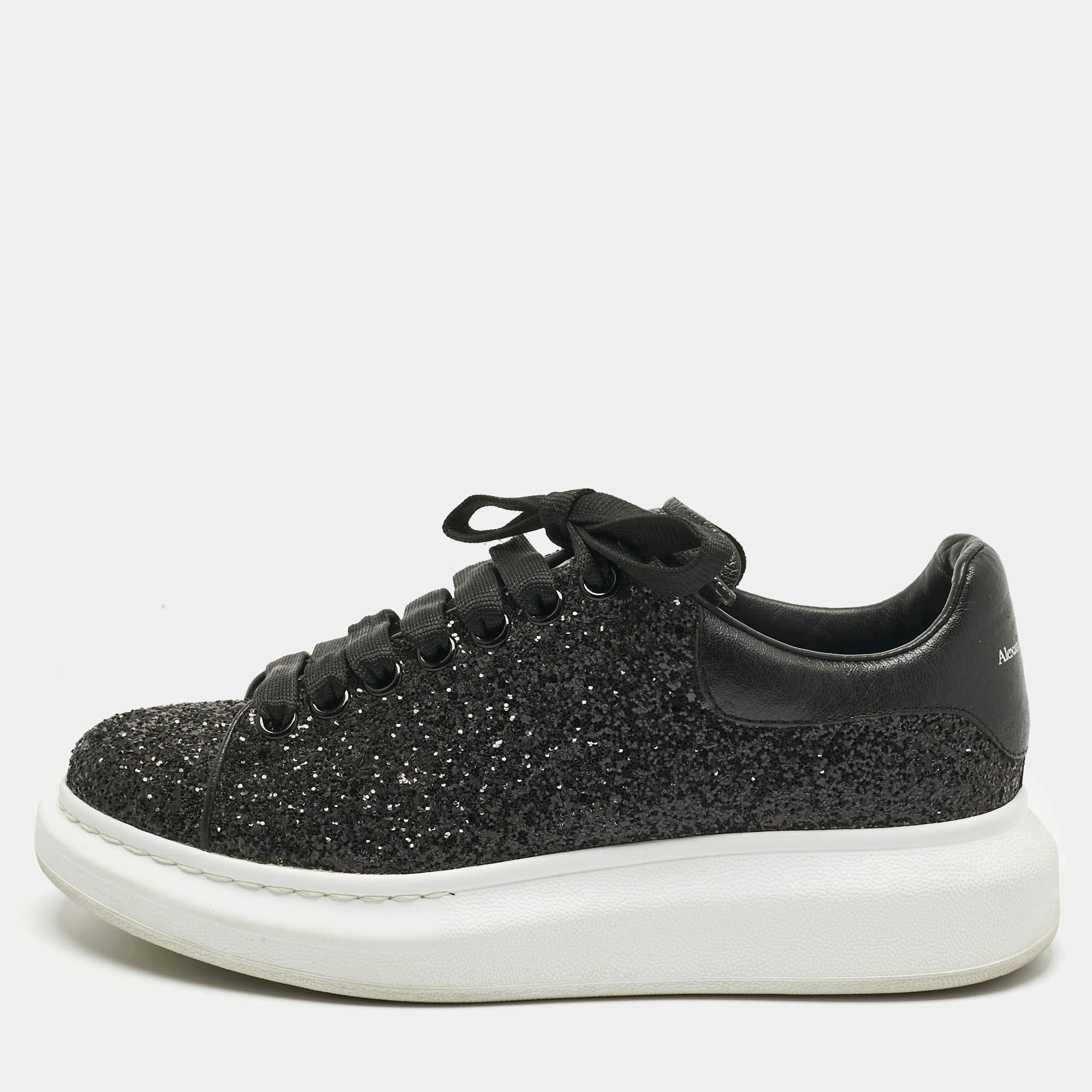 Pre Owned Alexander McQueen Black Glitter and Leather Oversized Sneakers Size 39