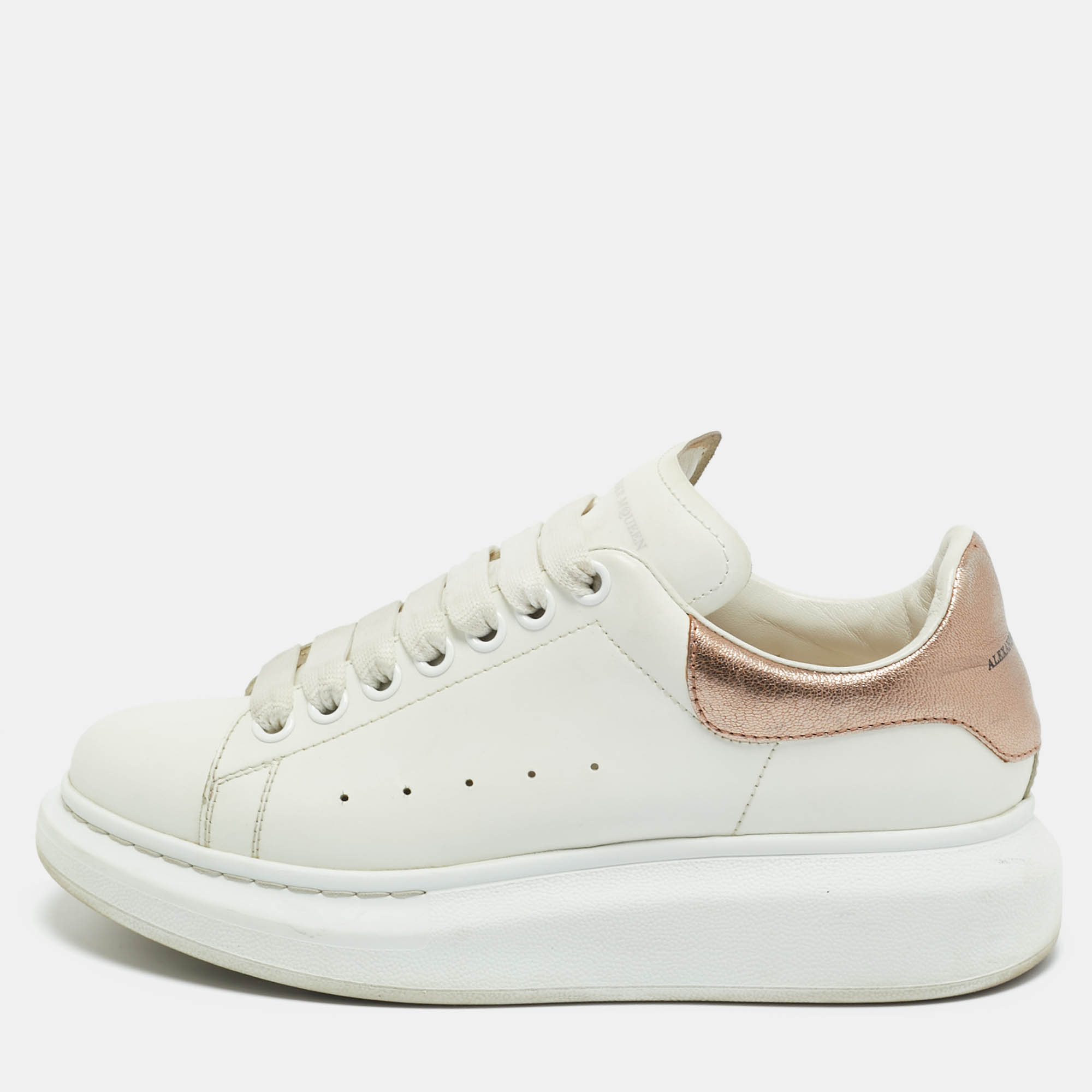 Pre Owned Alexander McQueen White/Metallic Leather Oversized Sneakers Size 38.5