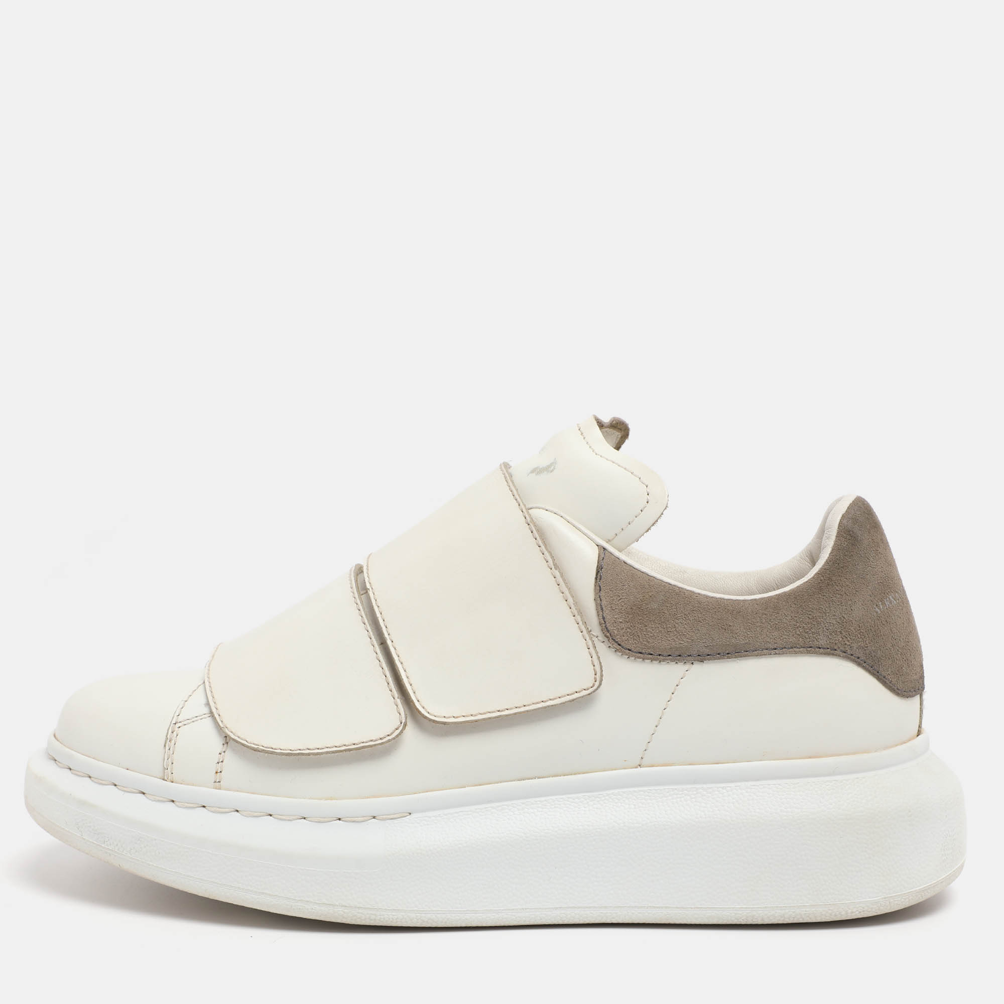 Pre Owned Alexander McQueen White Leather And Taupe Suede Oversized Velcro Strap Sneakers Size 38