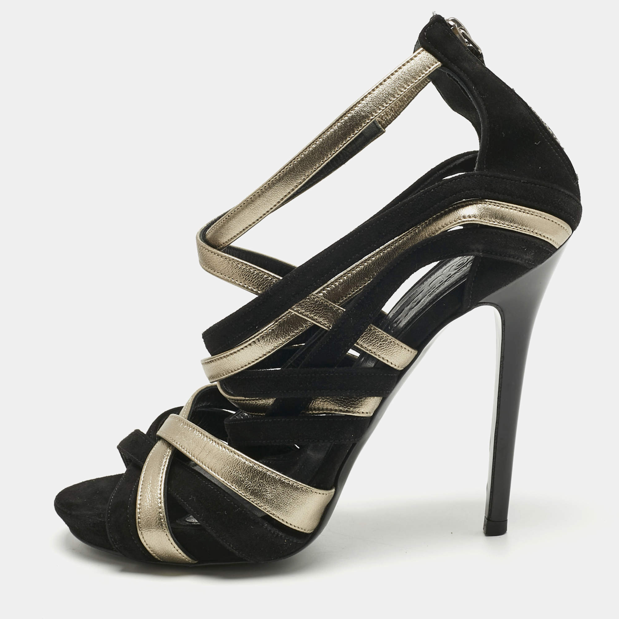 مملوكة مسبقًا Alexander McQueen Black/Gold Leather and Suede Ankle Strap Sandals Size 37.5