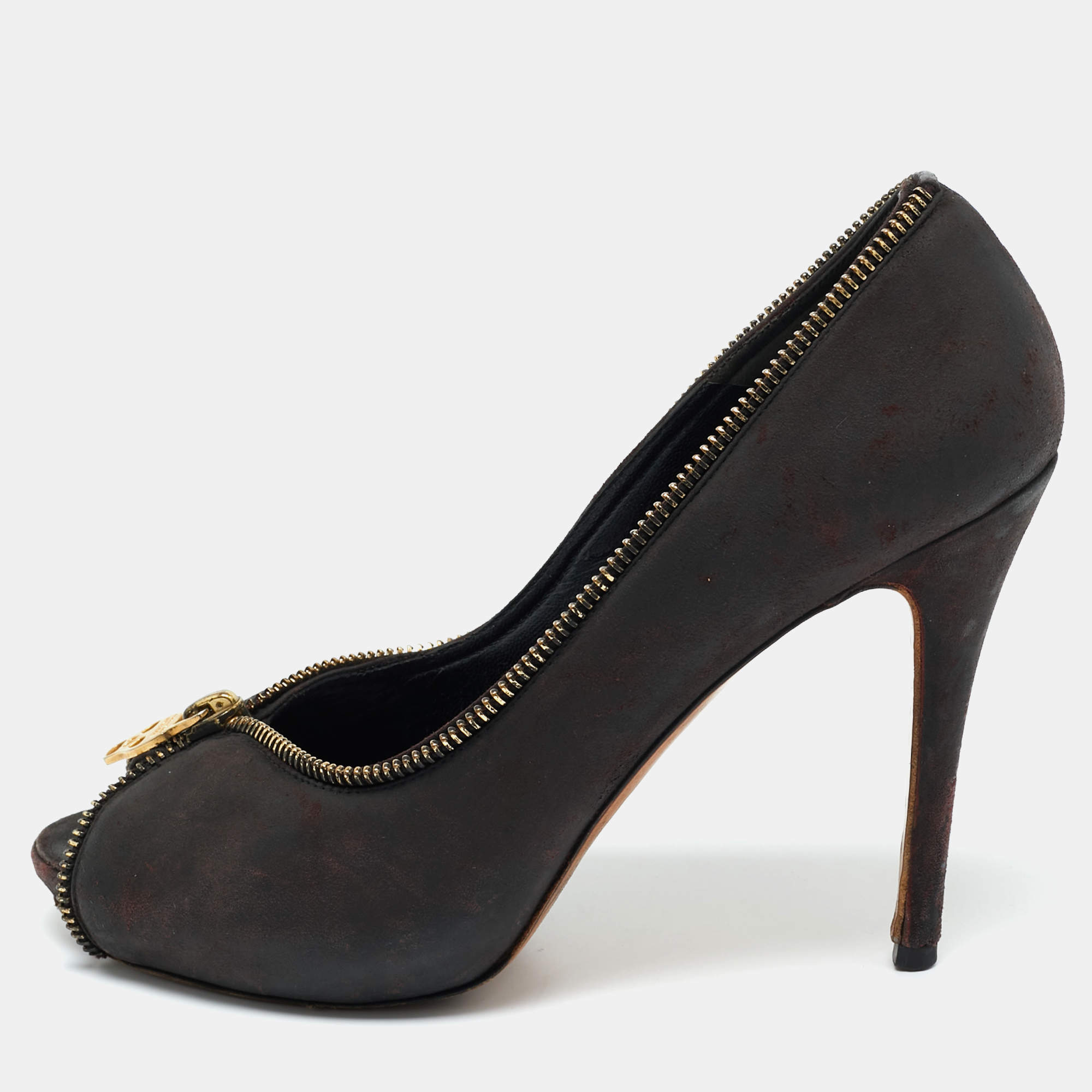 Pre Owned Alexander McQueen Black Nubuck Leather Peep Toe Pumps Size 37.5