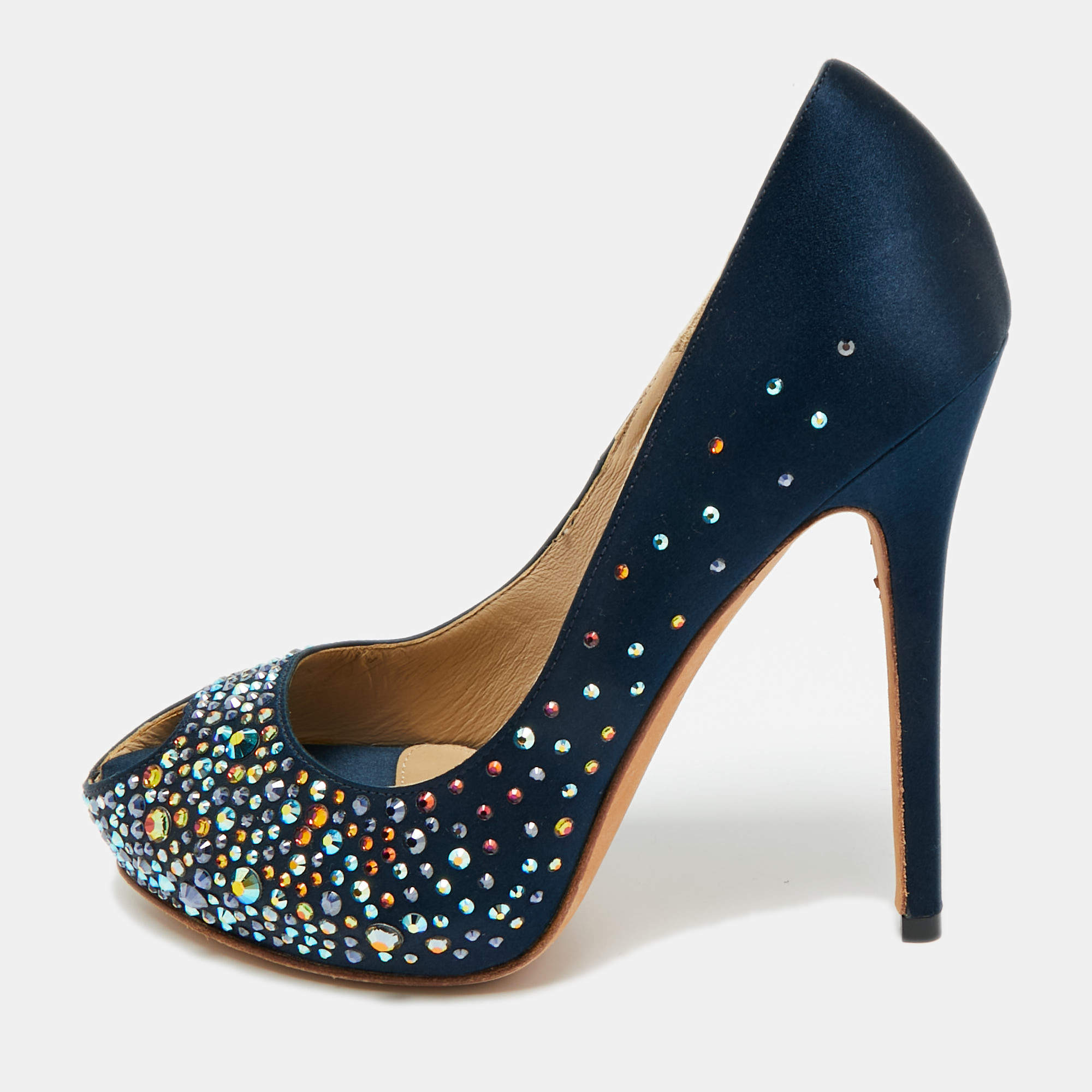 Pre Owned Alexander McQueen Navy Blue Satin Crystal Embellished Peep Toe Pumps Size 36
