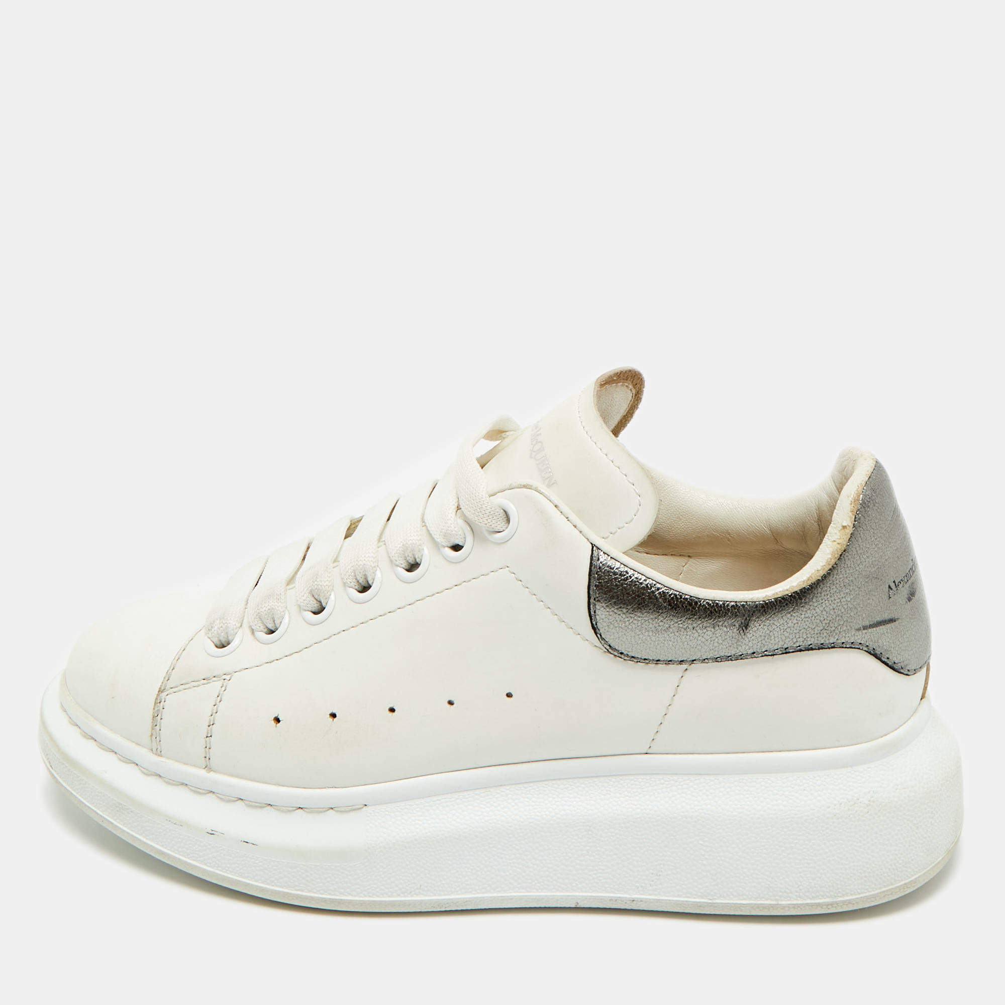 Pre Owned Alexander McQueen White/Metallic Leather Oversized Sneakers Size 38.5