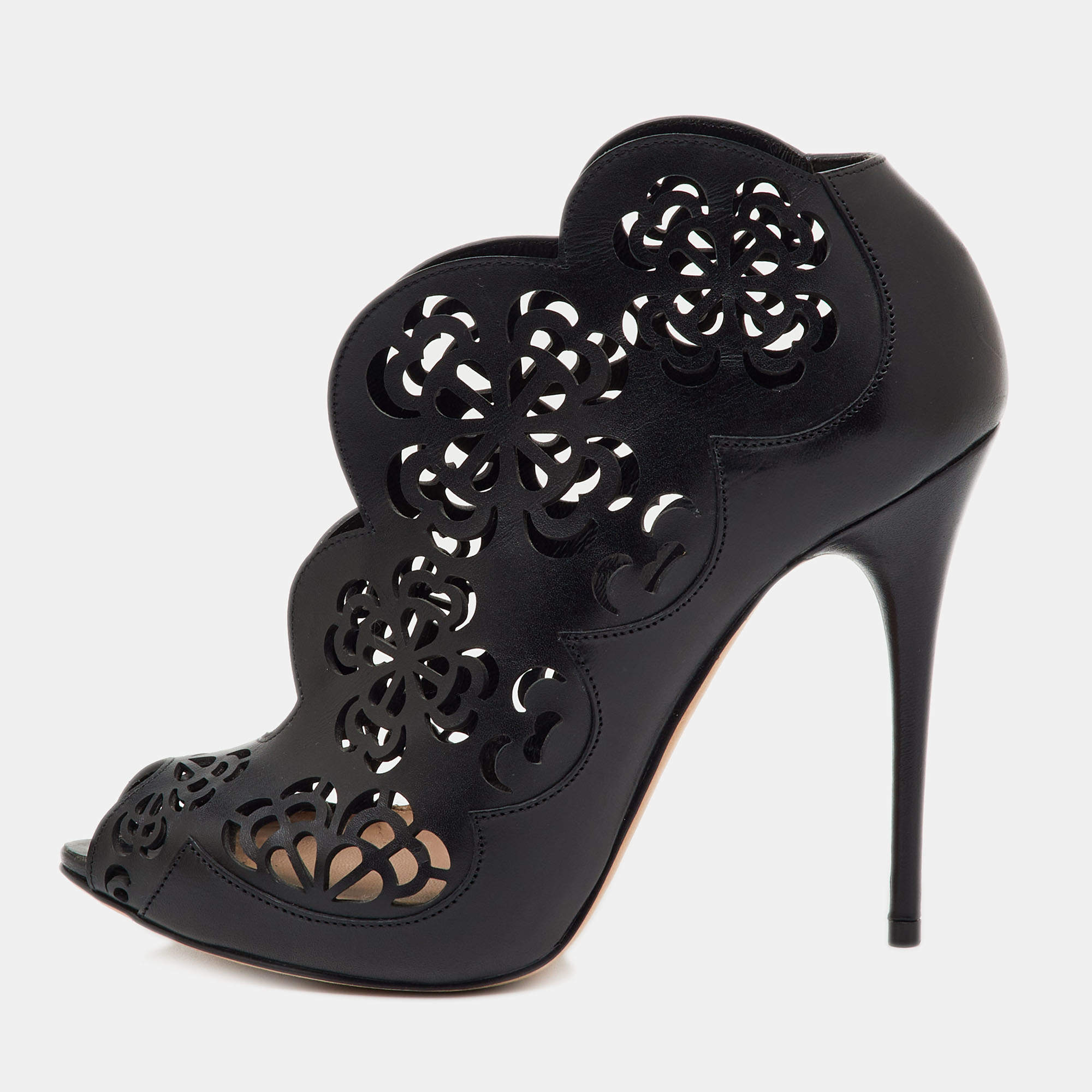 Pre Owned Alexander McQueen Black Leather Floral Lasecut Booties Size 36