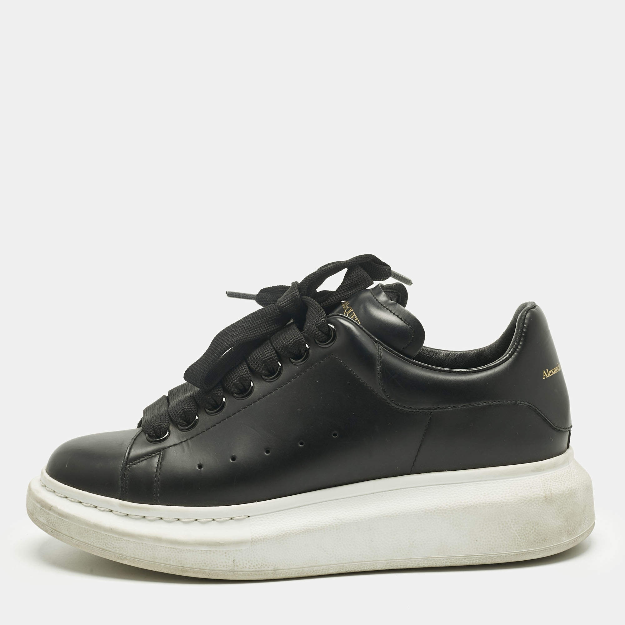 Pre Owned Alexander McQueen Black Leather Oversized Sneakers Size 37
