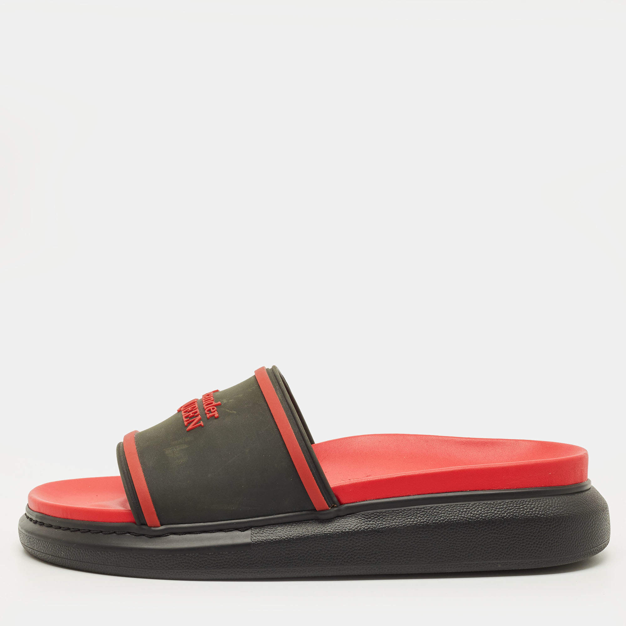 Pre Owned Alexander McQueen Hybrid Size 41 Black/Red Rubber Logo Slide Sandals