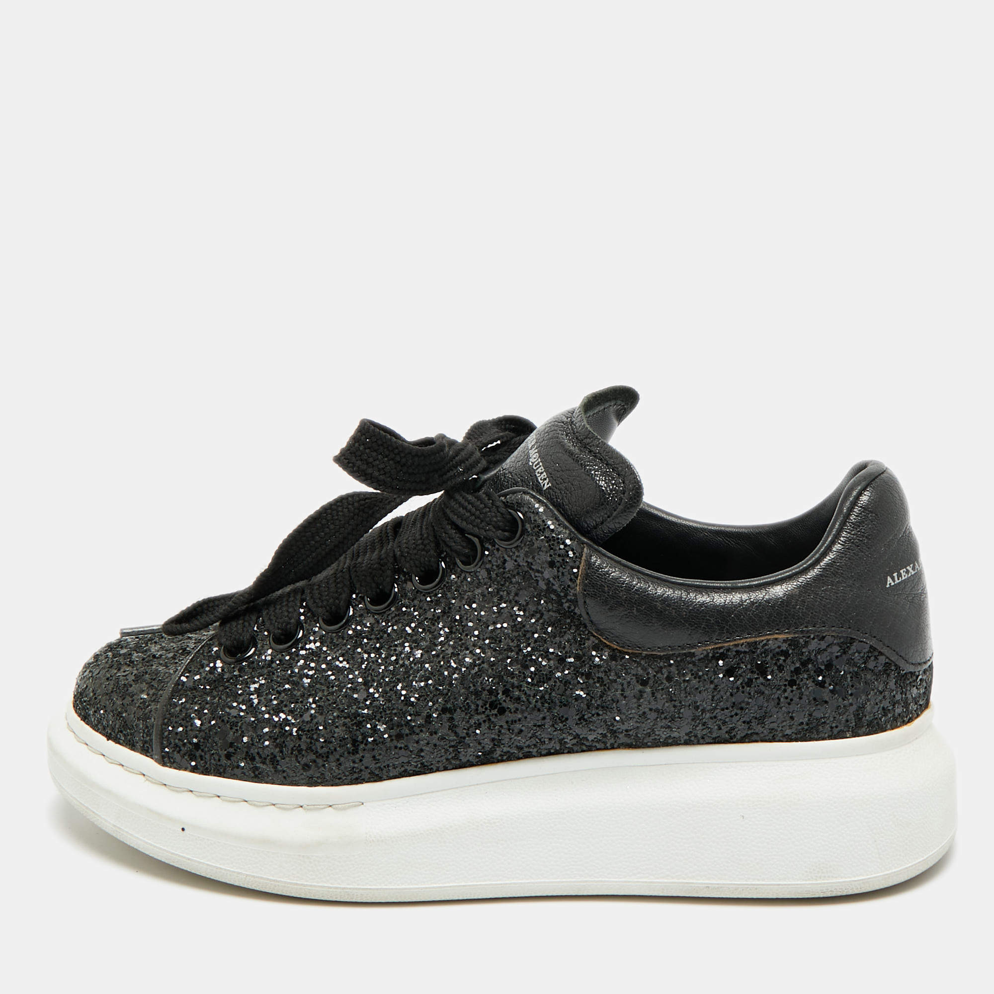 Pre Owned Alexander McQueen Oversized Size 39.5 Black Glitter and Leather Low Top Sneakers