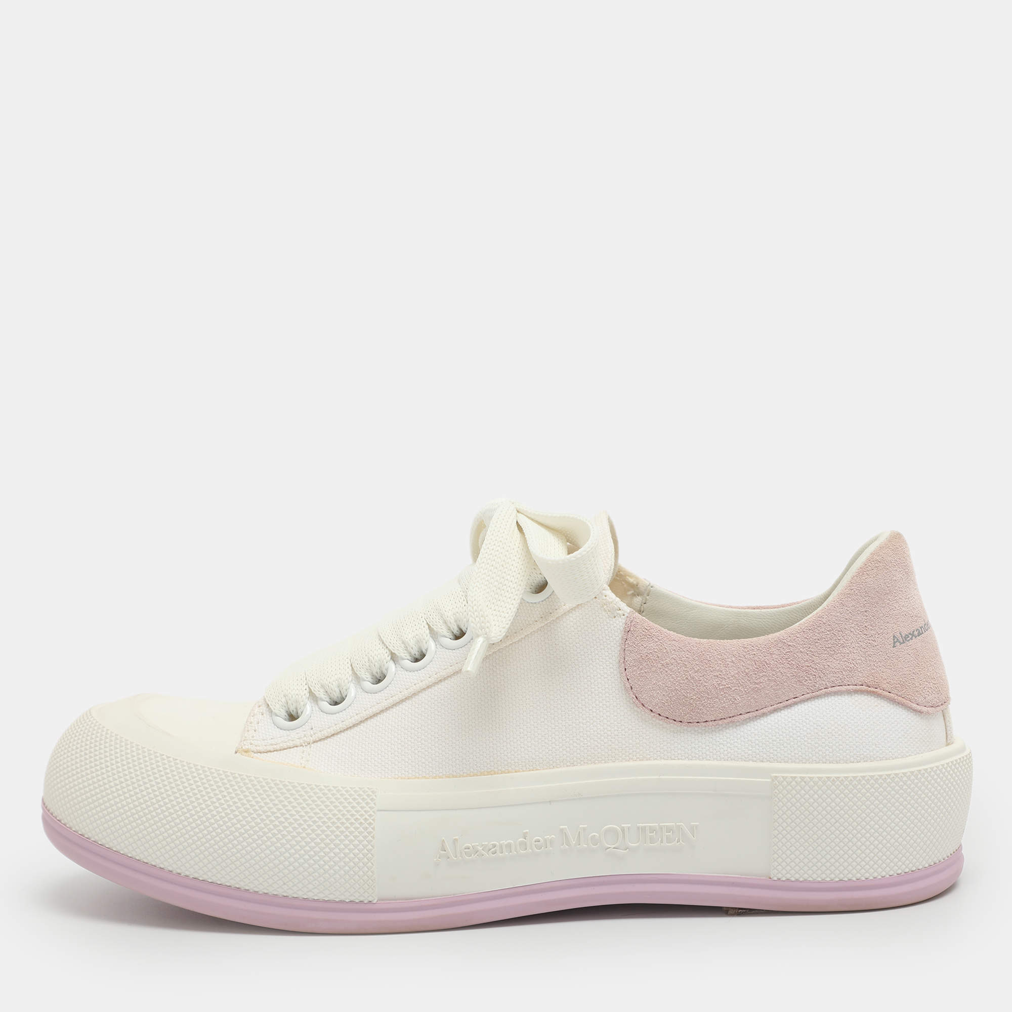 Pre Owned Alexander McQueen Deck Plimsoll Size 37 White/Beige Canvas and Suede Lace Up Sneakers 