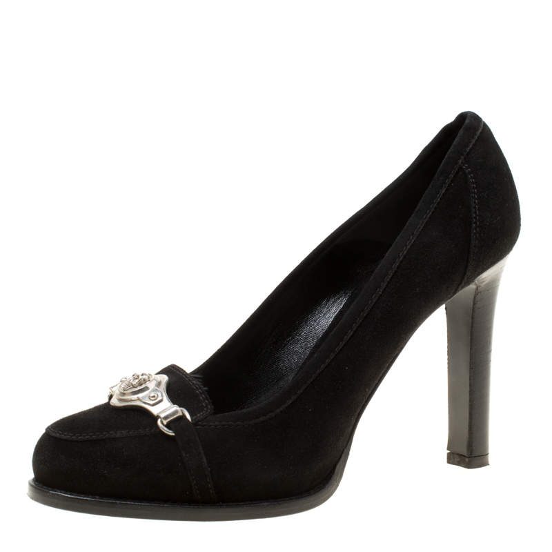 Pre Owned Alexander McQueen Black Suede Skull Detail Loafer Pumps Size 37