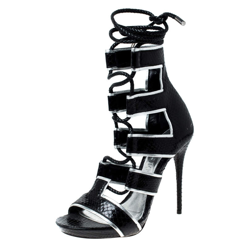 Alexander McQueen Black Python Leather Ankle Wrap Sandals Size 37.5