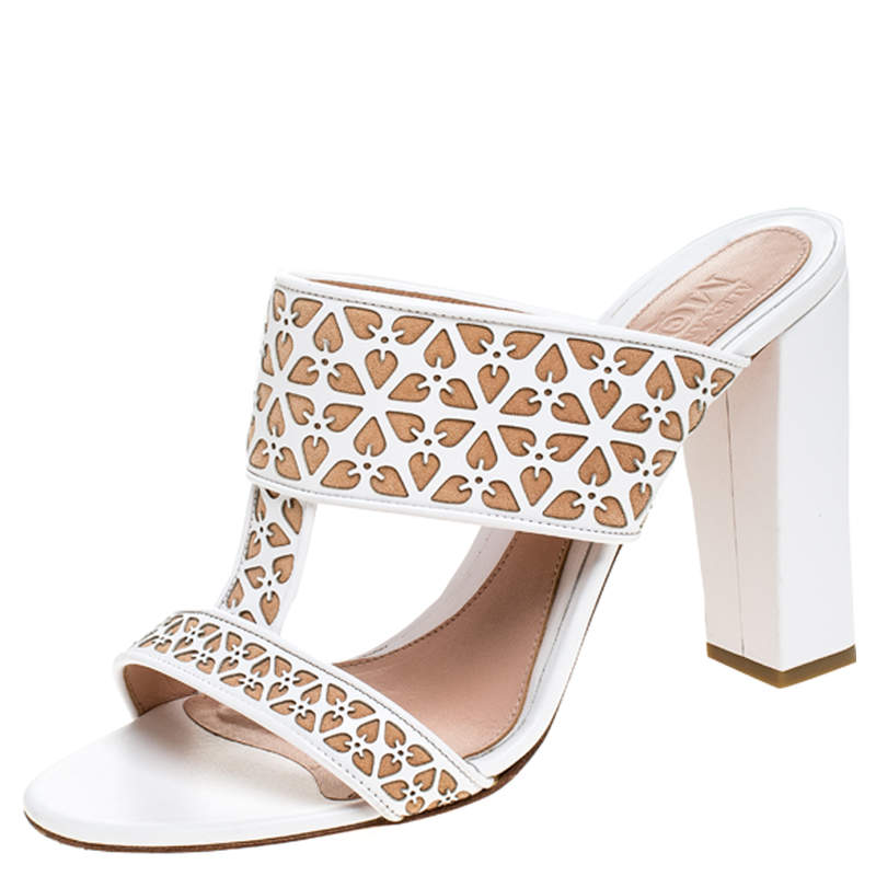 Pre Owned Alexander McQueen White/Beige Laser Cut Leather Block Heel Sandals Size 40