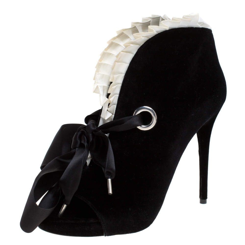 Pre Owned Alexander McQueen Black Velvet Frill Detail Open Toe Ankle Boots Size 41