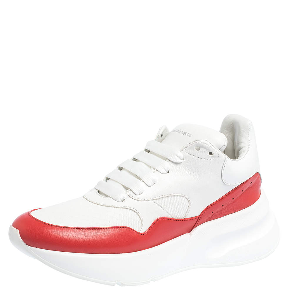 Pre Owned Alexander McQueen White/Red Leather And Mesh Oversized Runner Low Top Sneakers Size 37.5
