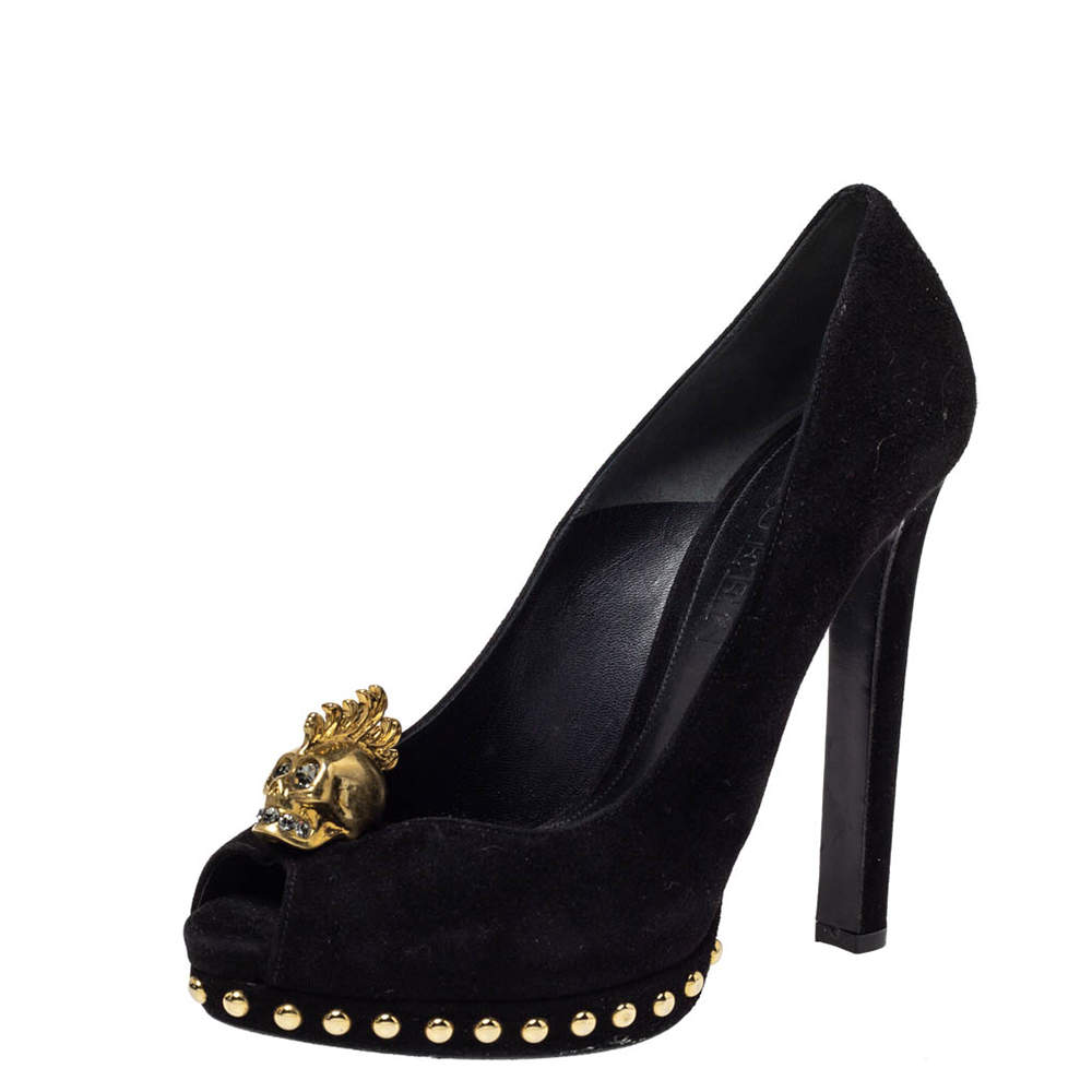 Pre Owned Alexander McQueen Black Suede Leather Skull Peep Toe Platform Pumps Size 38.5