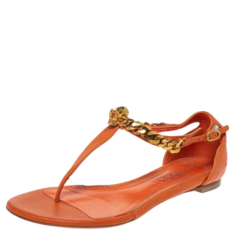 Pre Owned Alexander McQueen Orange Leather Crystal Embellished Skull Flat Thong Sandals Size 37