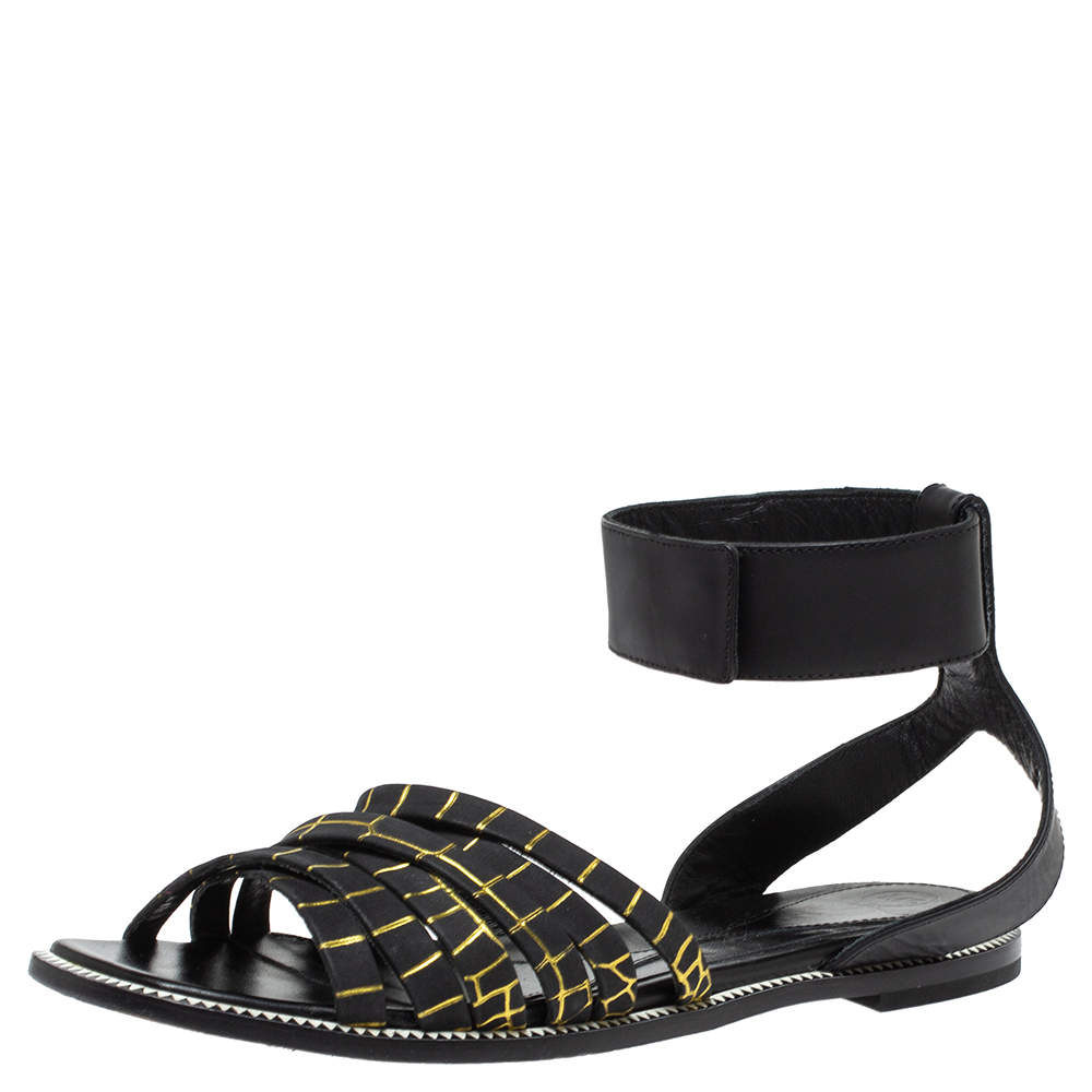 Pre Owned McQ by Alexander McQueen Croc Embossed Leather Erin Ankle Strap Flat Sandals Size 41
