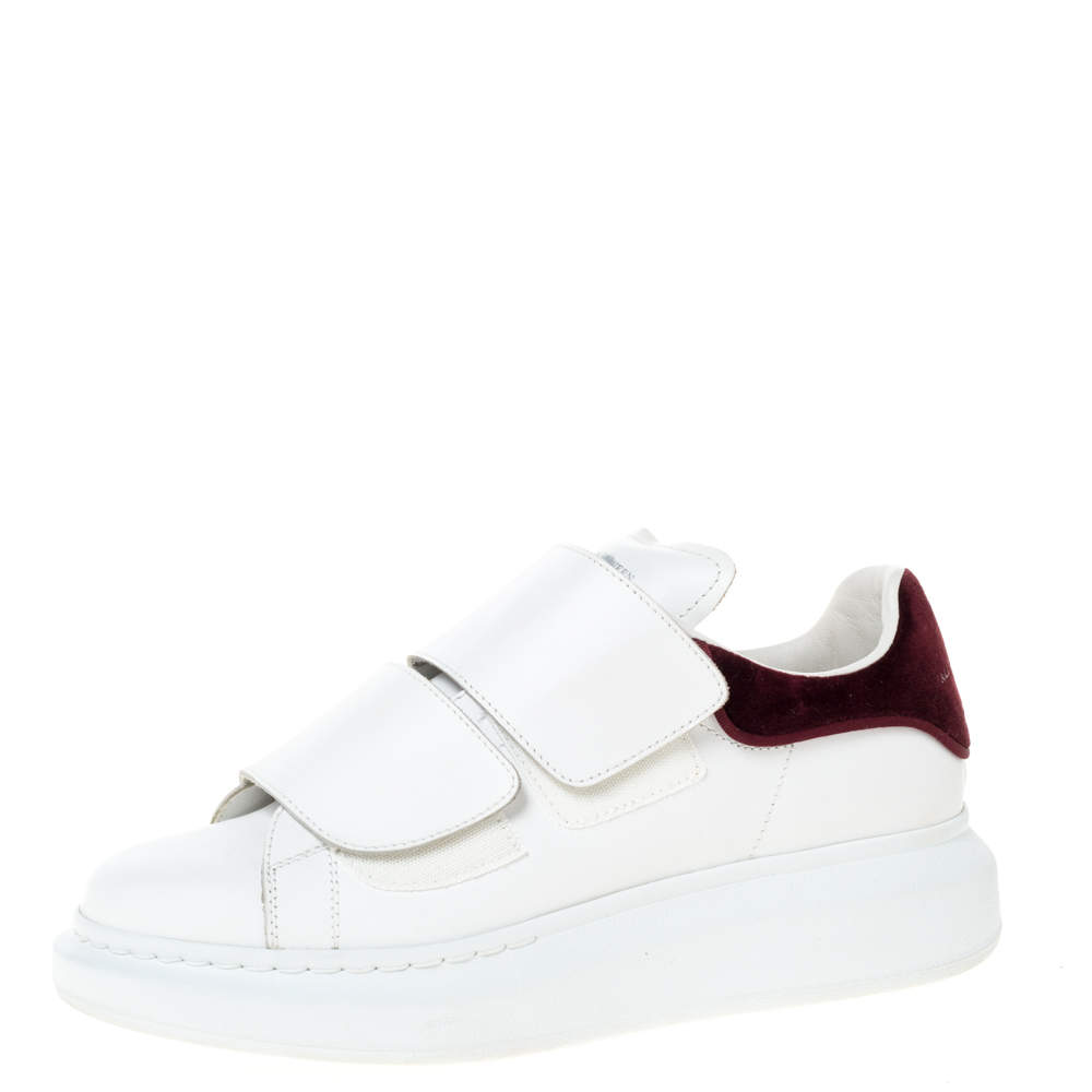 Alexander McQueen White Leather And Burgundy Velvet Oversized Velcro Strap Sneakers Size 38
