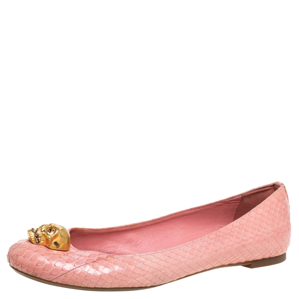 Pre Owned Alexander McQueen Pink Python Leather Skull City Ballet Flats Size 38