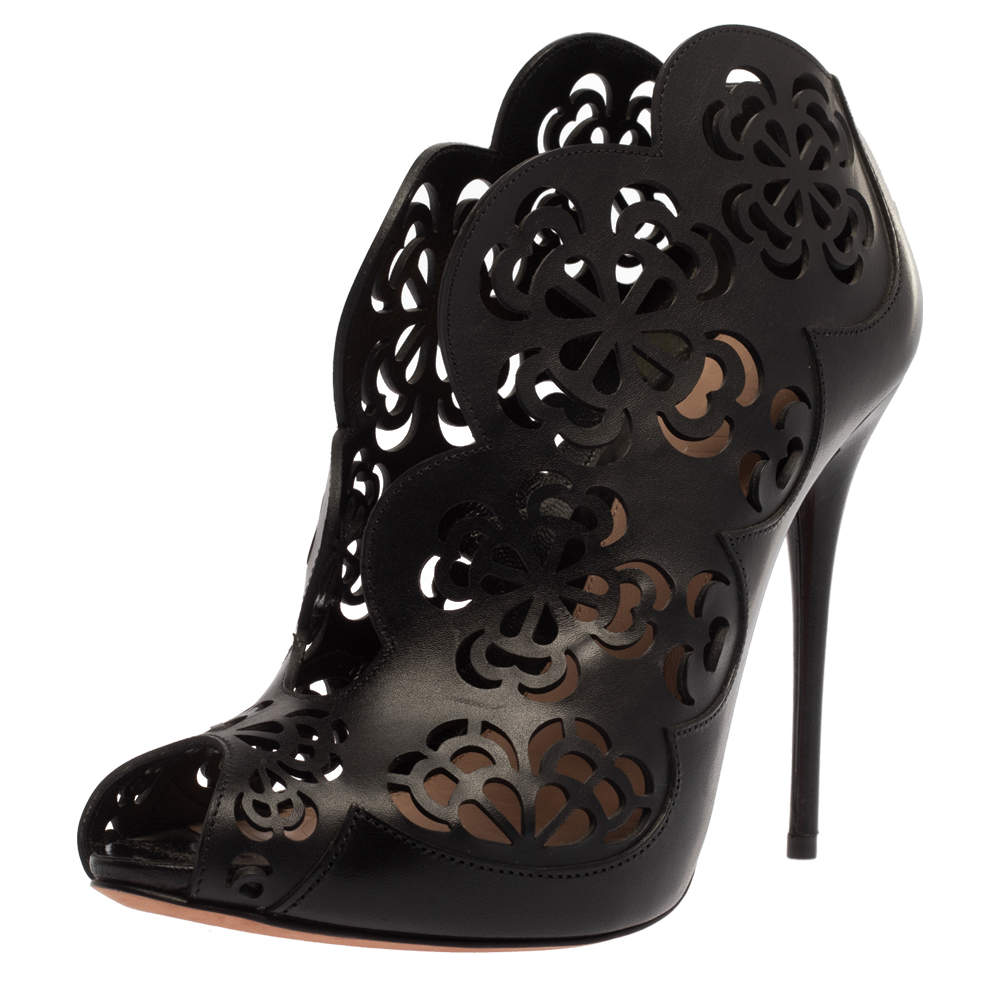Alexander McQueen Black Floral Laser Cut Leather Peep Toe Booties Size 39