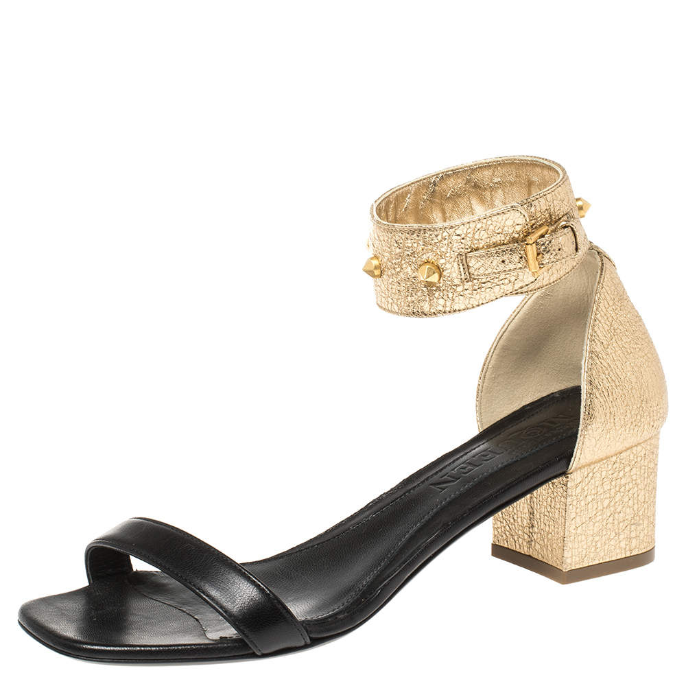 Alexander McQueen Gold/Black Leather Studded Ankle Wrap Sandals 39