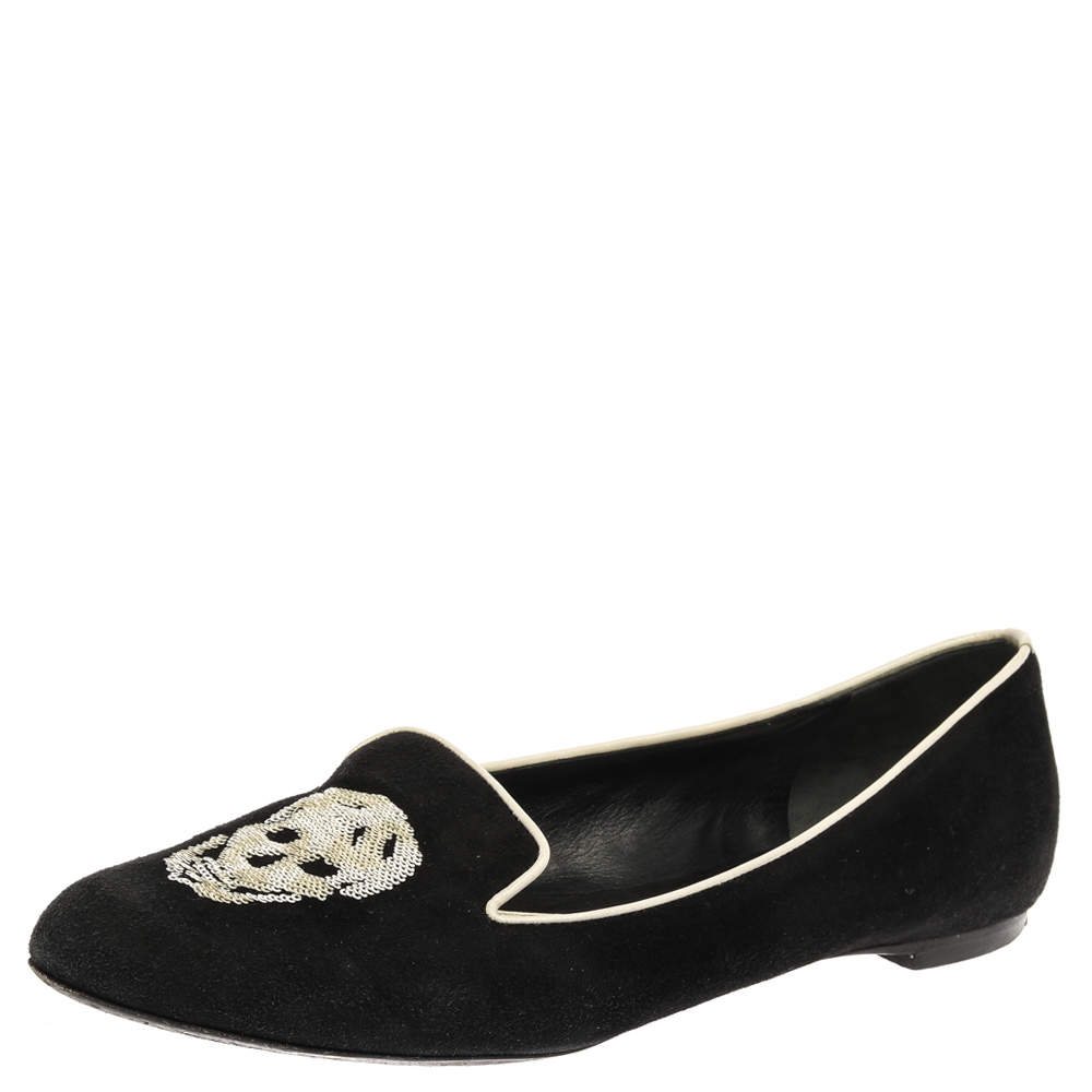Pre Owned Alexander McQueen Black Suede Leather Sequins Skull Embellished Smoking Slippers Size 38.5