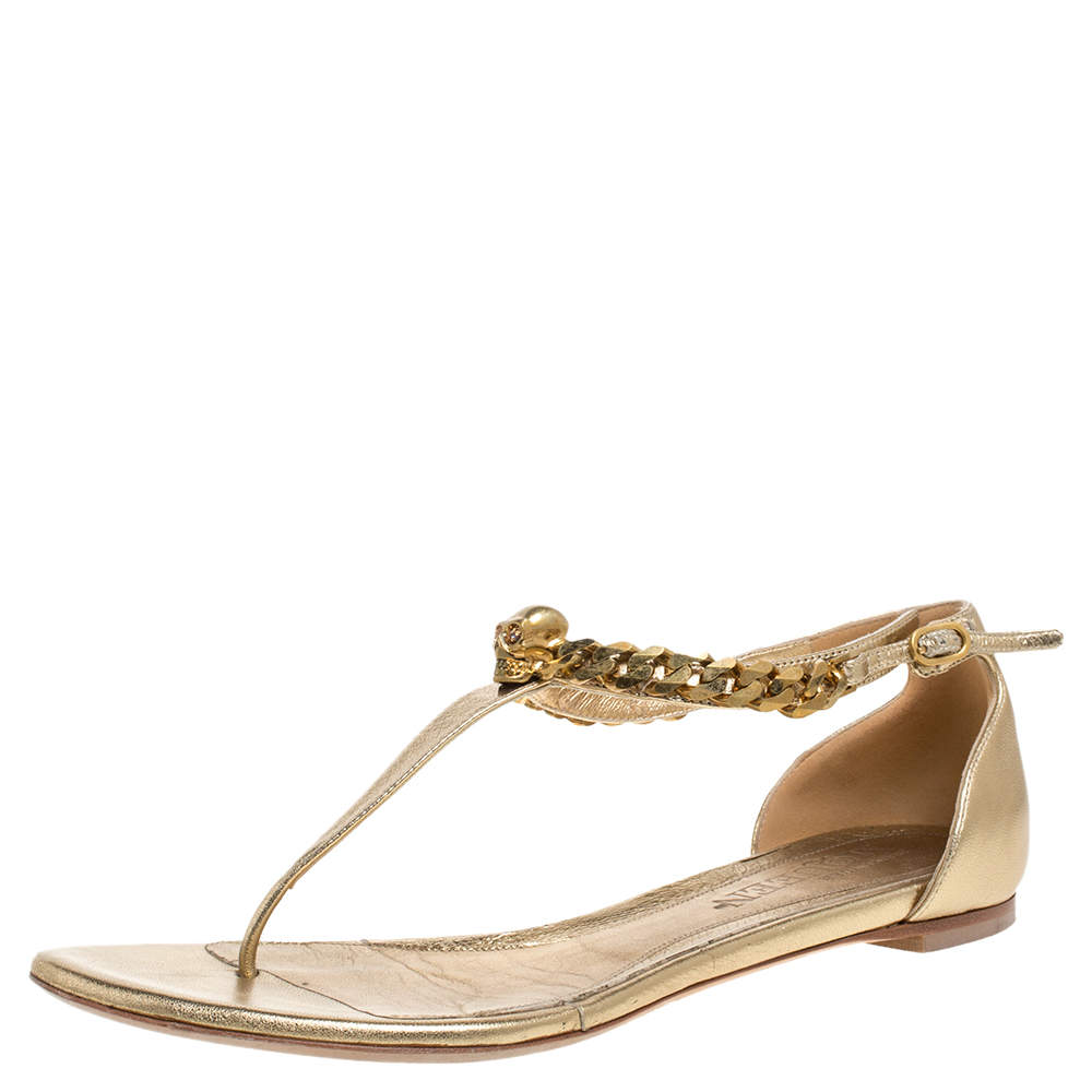 Alexander McQueen Gold Leather Skull Chain Thong Flat Sandals Size 39