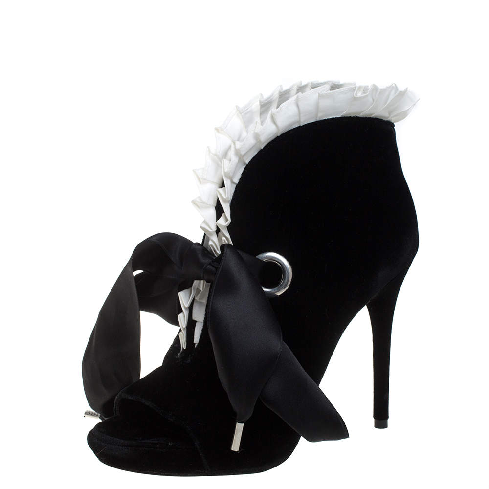 Pre Owned Alexander McQueen Black Velvet Frill Detail Open Toe Ankle Boots Size 36
