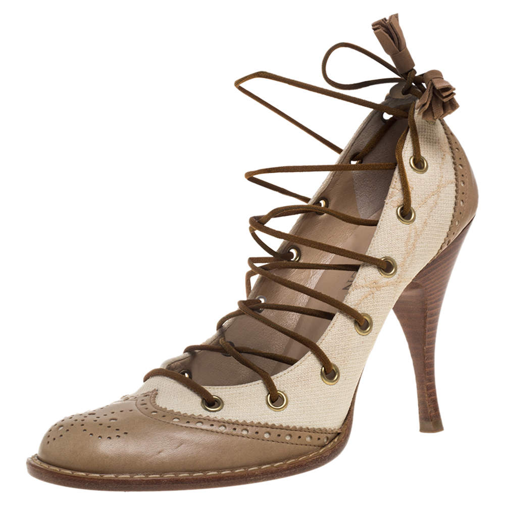 Pre Owned Alexander McQueen Beige Brogue Leather And Canvas Lace Pumps Size 38.5