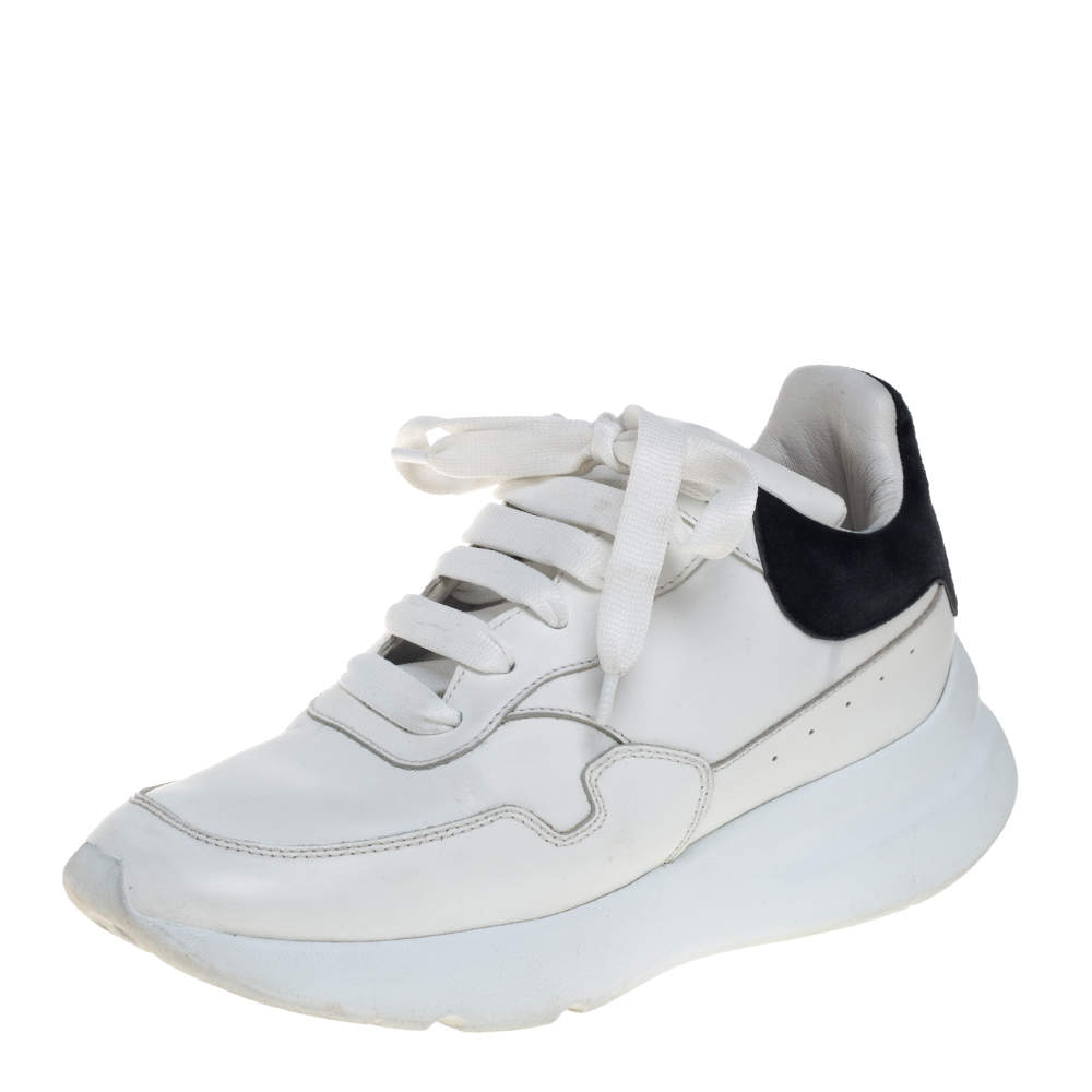 Pre Owned Alexander McQueen White/Black Leather And Suede Oversized Runner Low Top Sneakers Size 38