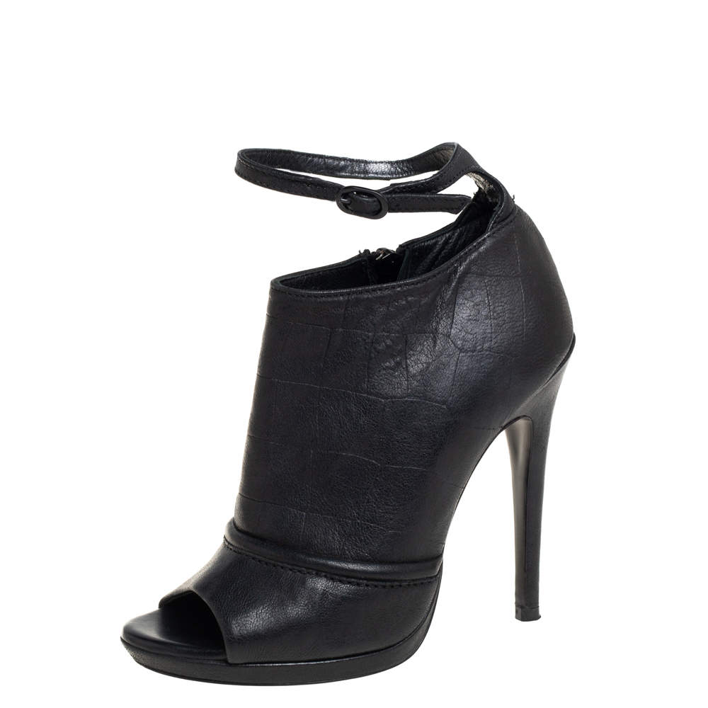 Pre Owned McQ by Alexander McQueen Black Croc Embossed Leather Ankle Strap Booties Size 37 