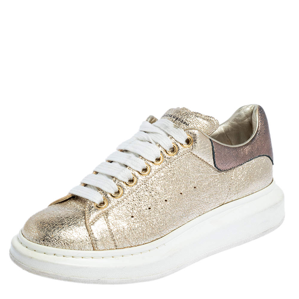 Alexander McQueen Gold Foil Leather Oversized Low Top Sneakers Size 41