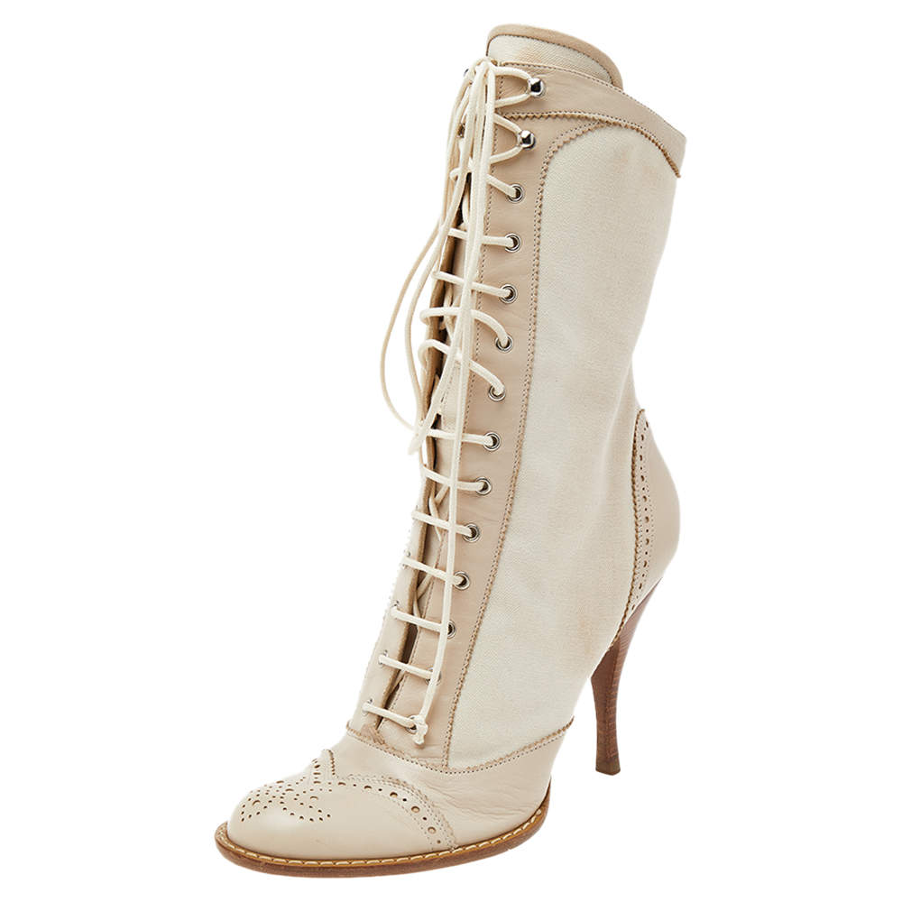 Pre Owned Alexander McQueen Off White Brogue Leather And Canvas Lace Up Mid Calf Boots Size 39