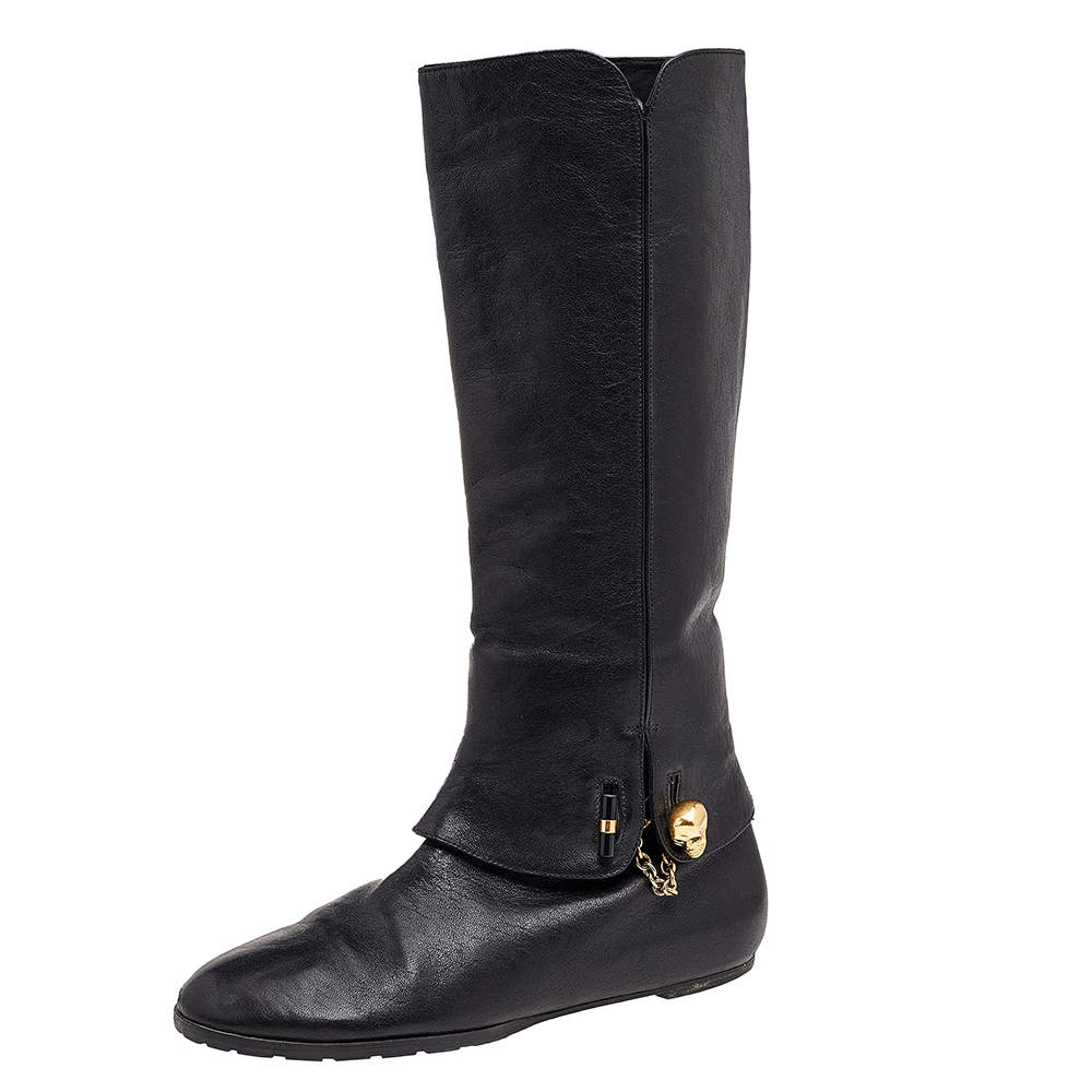 Pre Owned Alexander McQueen Black Leather Skull Boots Size 39