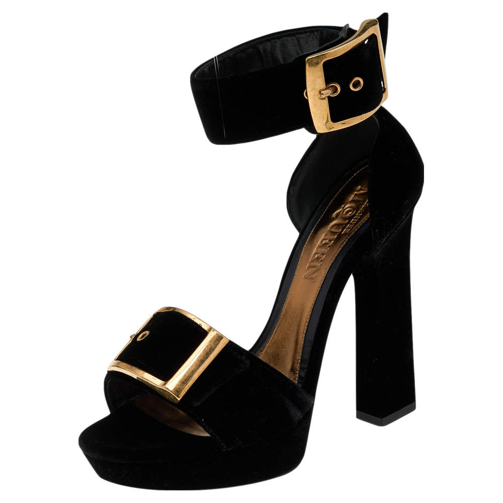 Pre Owned Alexander McQueen Black Velvet Platform Ankle Strap Sandals Size 40