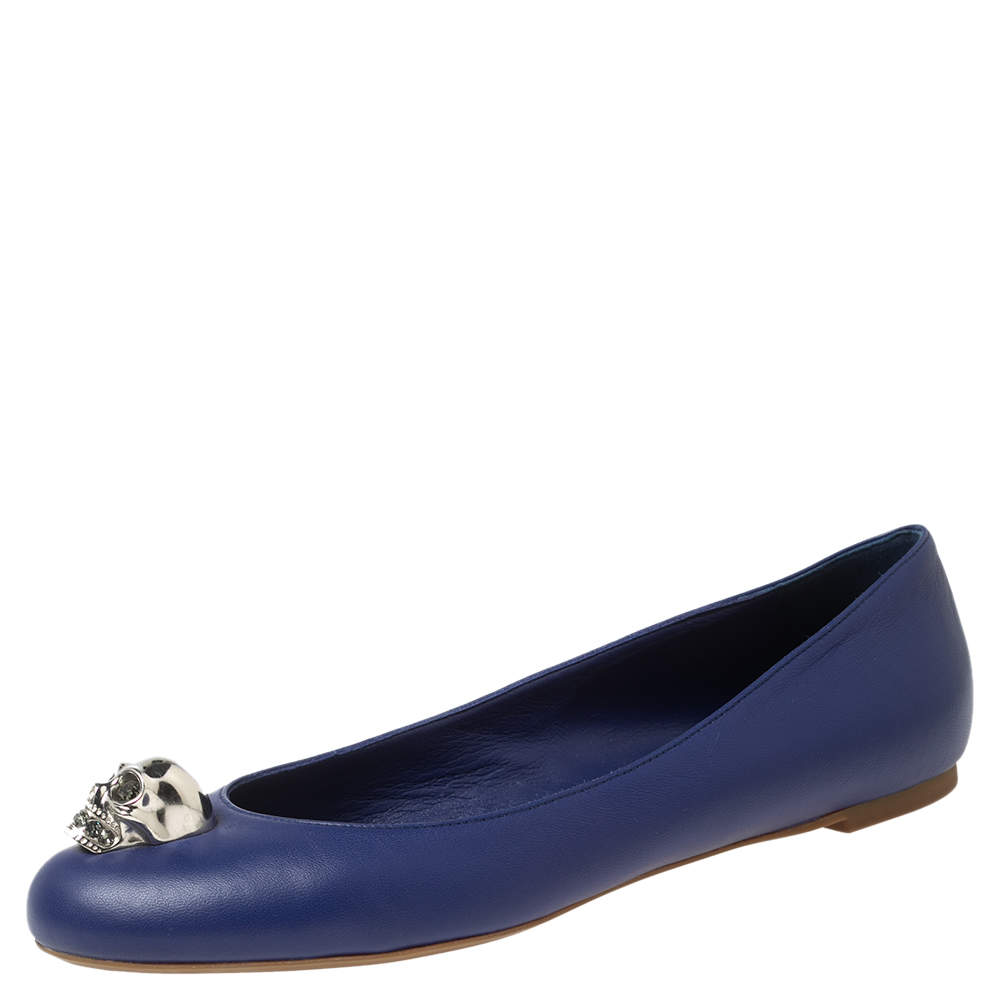 Pre Owned Alexander McQueen Blue Leather Skull Zip Detail Ballet Flats Size 40