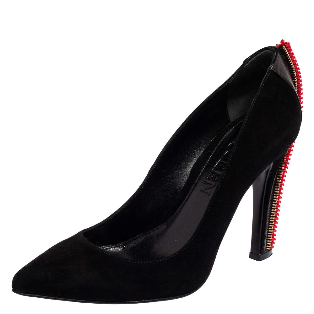 Pre Owned Alexander McQueen Black Suede Zip Embellished Heel Pointed Toe Pumps Size 38
