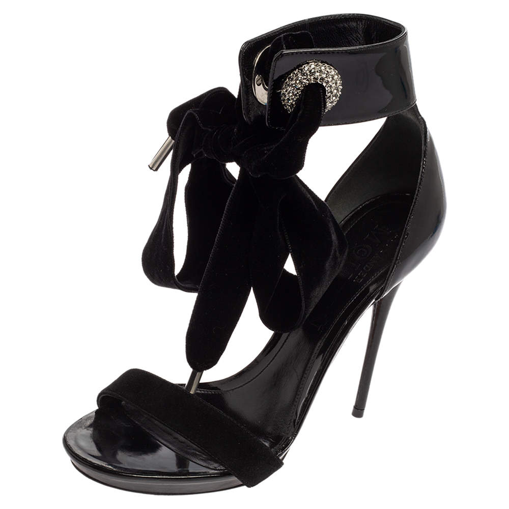 Pre Owned Alexander McQueen Black Patent Leather, Suede and Velvet Bow Ankle Sandals Size 38
