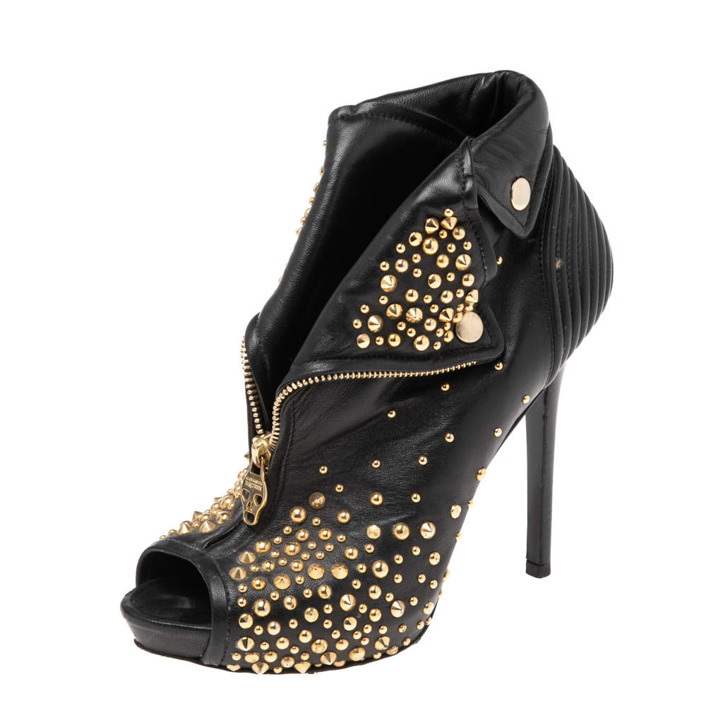 Pre Owned Alexander McQueen Black Leather Studded Peep Toe Booties Size 39